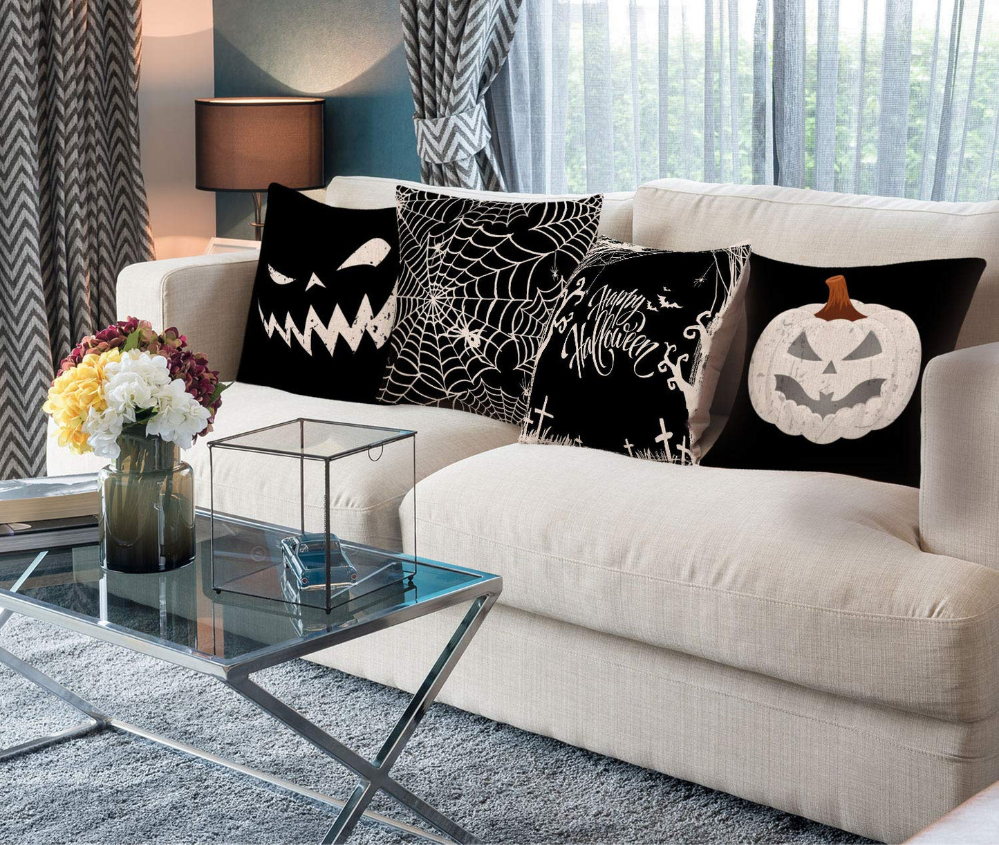 Whaline Happy Halloween Pillow Cover Pumpkin Spider Web Pillow Case Black Linen Throw Cushion Cover Cushion Cases for Home Office Halloween Sofa Bed Decoration, 18" x 18" (4Pcs)