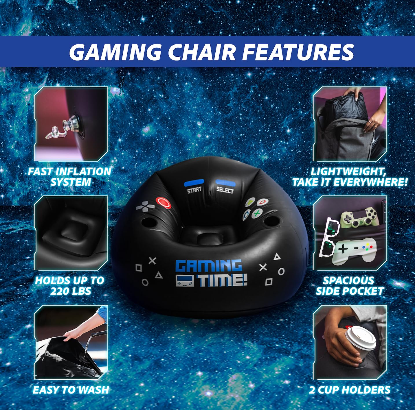 Inflatable Gaming Chair for Kids & Teens with Cup Holders and Side Pocket - This Air Gaming Bean Bag Chairs for Kids is The Perfect Furniture for Gamer Room Decor - Perfect Gaming Stuff for Boys 4-12