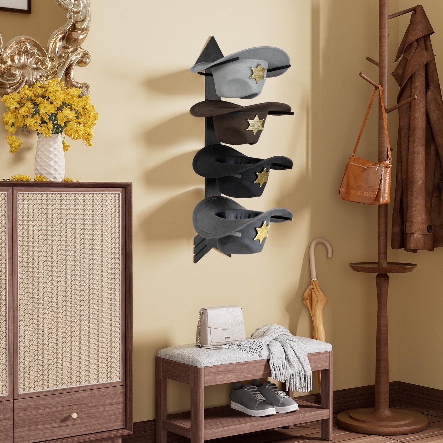HYDERMUS Hat Organizer for 10 Baseball Caps and 3 Cowboy Hat Cowboy Hat Rack for Wall with Solid Wood Arrow Hat Storage Cowgirl Hat Hanger Closet Storage and Organizer Black