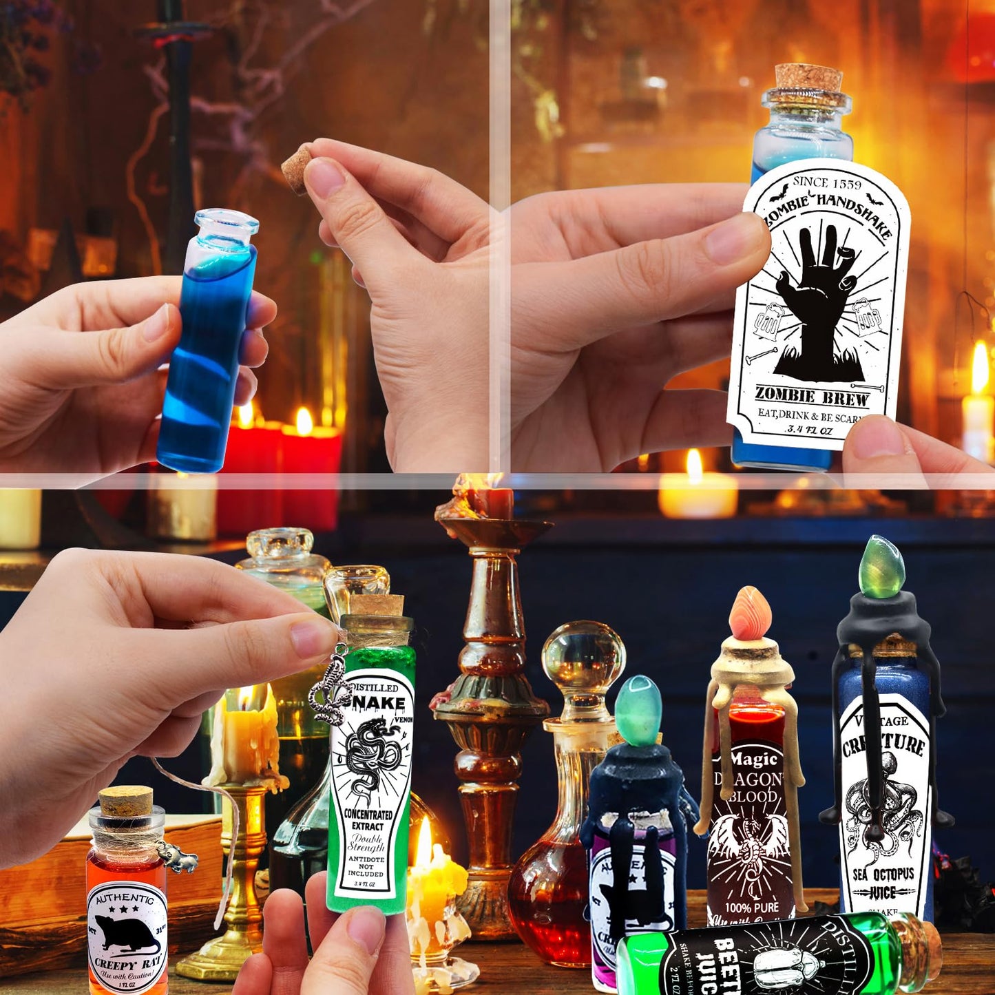 Ainswei Halloween Decorations Indoor,135Pcs Potion Bottles Halloween Decor,Witch Halloween Decorations with Stone,Apothecary Witch Lables Decoration For Home Room Party Supplies