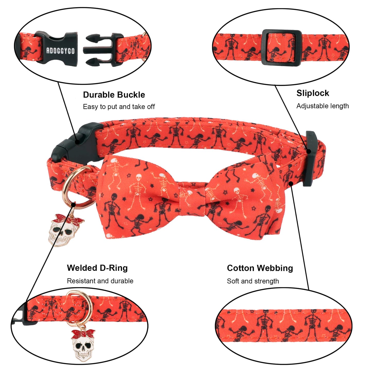 ADOGGYGO Halloween Dog Collars with Bow Tie, Adjustable, Black Orange, Pumpkin Skeleton Halloween Bow Collars for Small Medium Large Dogs Pets (Medium)
