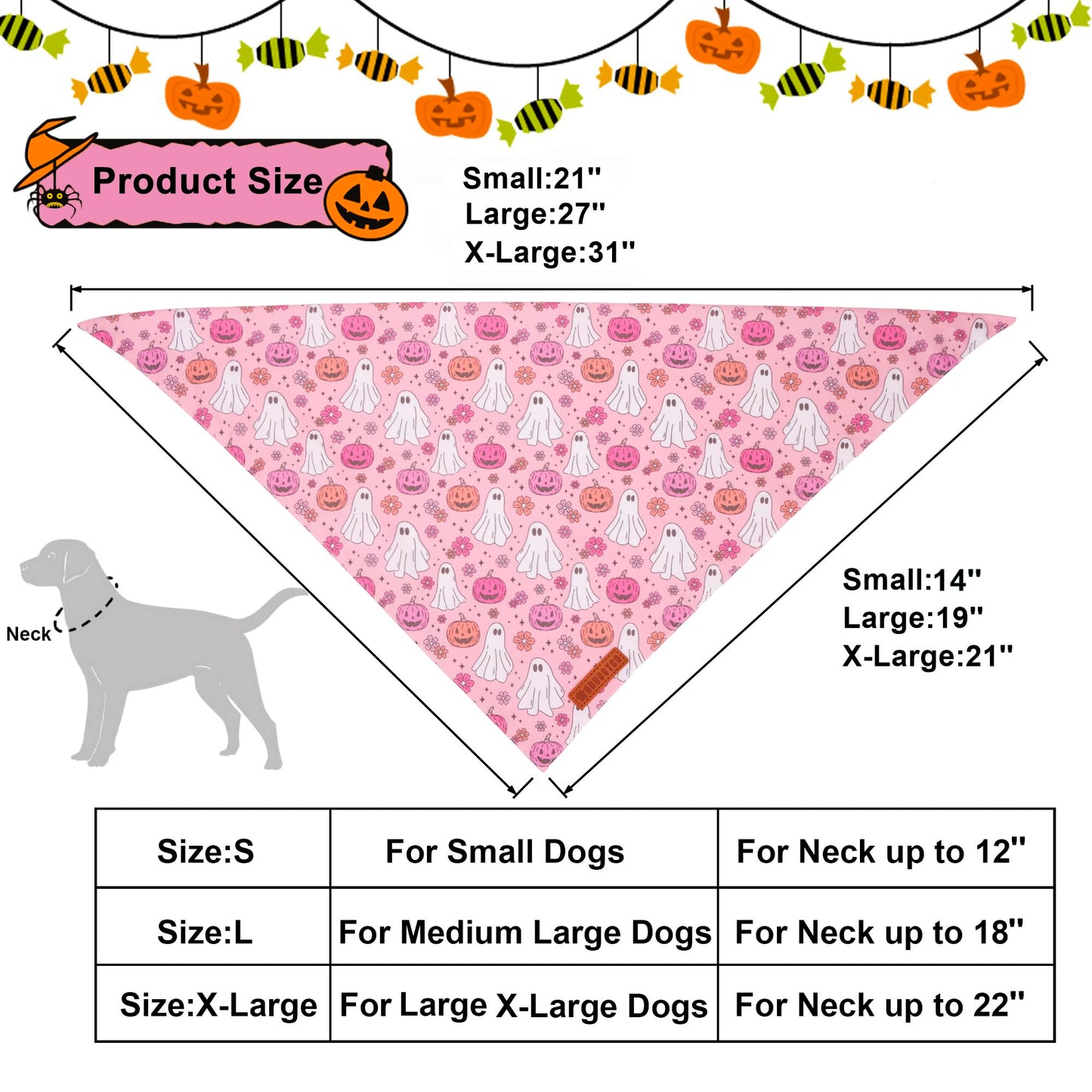 ADOGGYGO Halloween Dog Bandana, Pink Pumpkin Ghost Scarf, Adjustable Fit Female Halloween Bandanas for Medium Large Dogs Pets (Large)