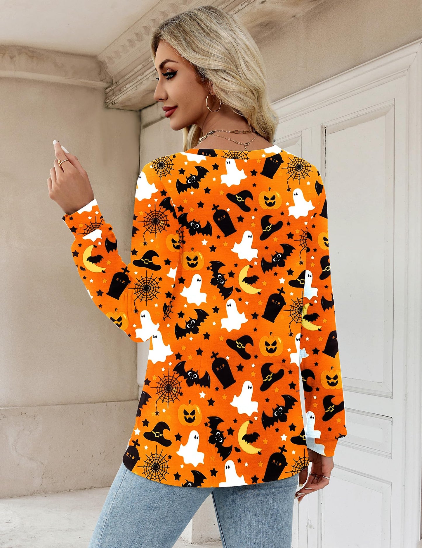 Zeagoo Halloween Shirt for Women Long Sleeve Pumpkin Printed Cute T Shirts Orange Graphic Tops Fall Tee Fashion Gift XL