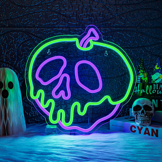WLHOPE Halloween Neon Sign - Dimmable Skull Apple Wall Decor Light, USB Connectivity for Bedroom, Bar, Shops, Party Decoration