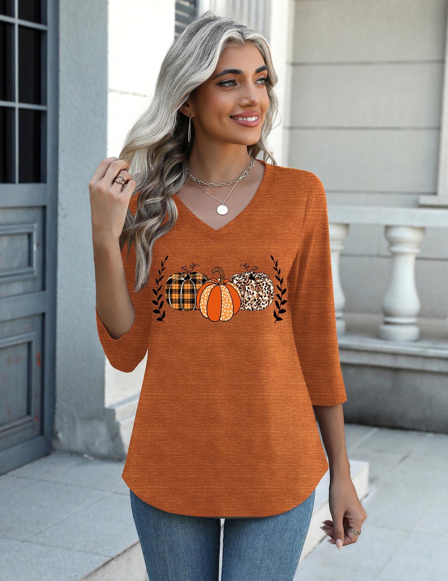 Zeagoo Halloween Pumpkin Shirts Women Fall T-Shirts Cute Autumn Graphic Tees Thanksgiving Tops Halloween Shirts 3/4 Sleeve V-Neck T Shirt