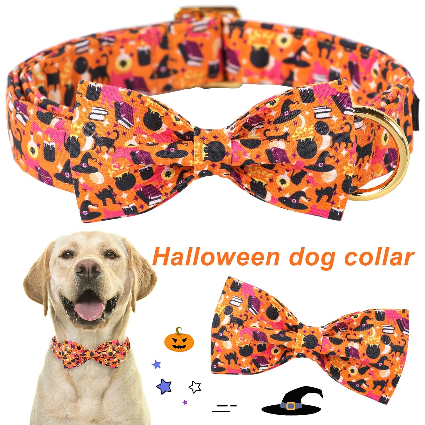 ARING PET Halloween Dog Collar, Cute Orange Festival Dog Collar with Bow, Adjustable Cotton Halloween Pet Collars with Metal Buckle