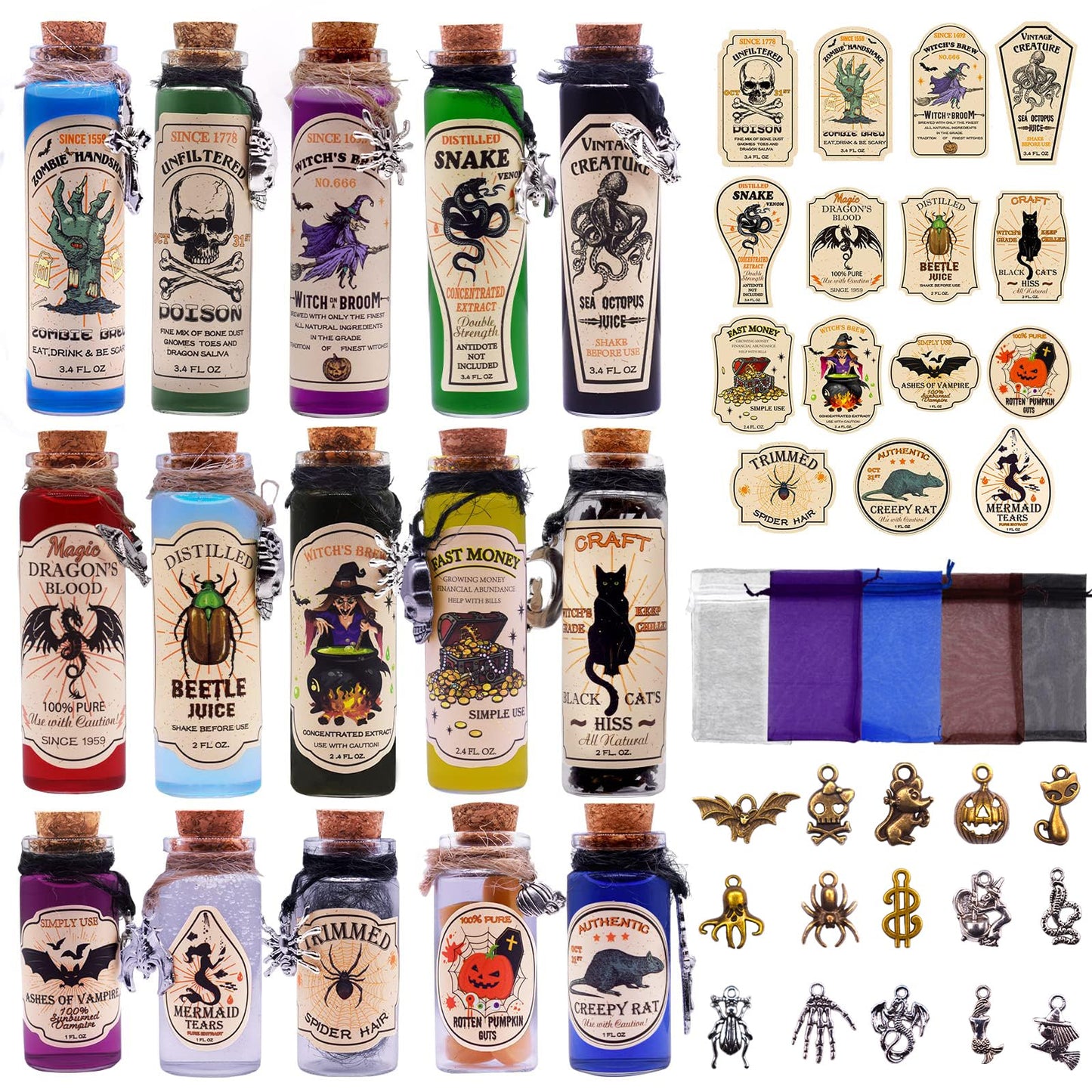 99 Pcs Apothecary Bottles Set with Halloween Stickers & Pendants - Tiered Tray Decor for Indoor Halloween Party Supplies