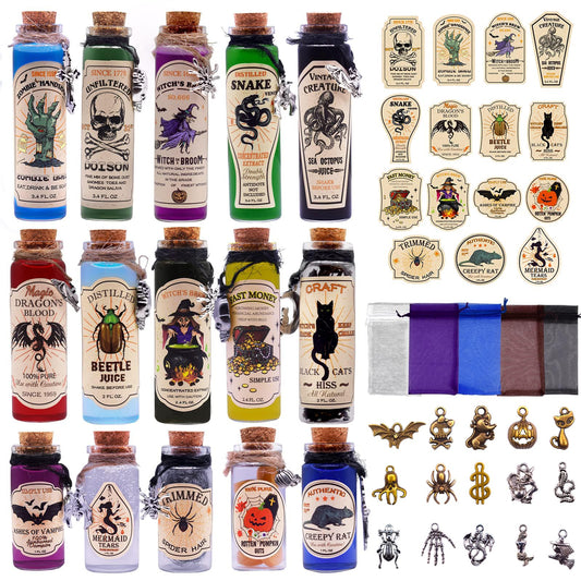 99 Pcs Apothecary Bottles Set with Halloween Stickers & Pendants - Tiered Tray Decor for Indoor Halloween Party Supplies