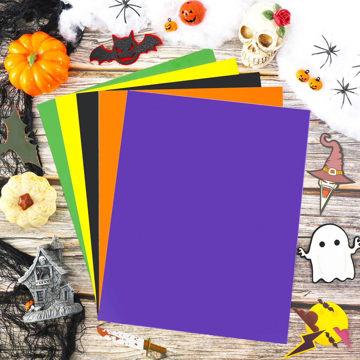 Whaline 12 Sheet Halloween Heat Transfer Vinyl Black Orange Purple Green Yellow HTV Iron on Vinyl Adhesive Craft Vinyl Sheet for DIY Fabric T-Shirts Holiday Gift Halloween Party Decoration, 12 x 10