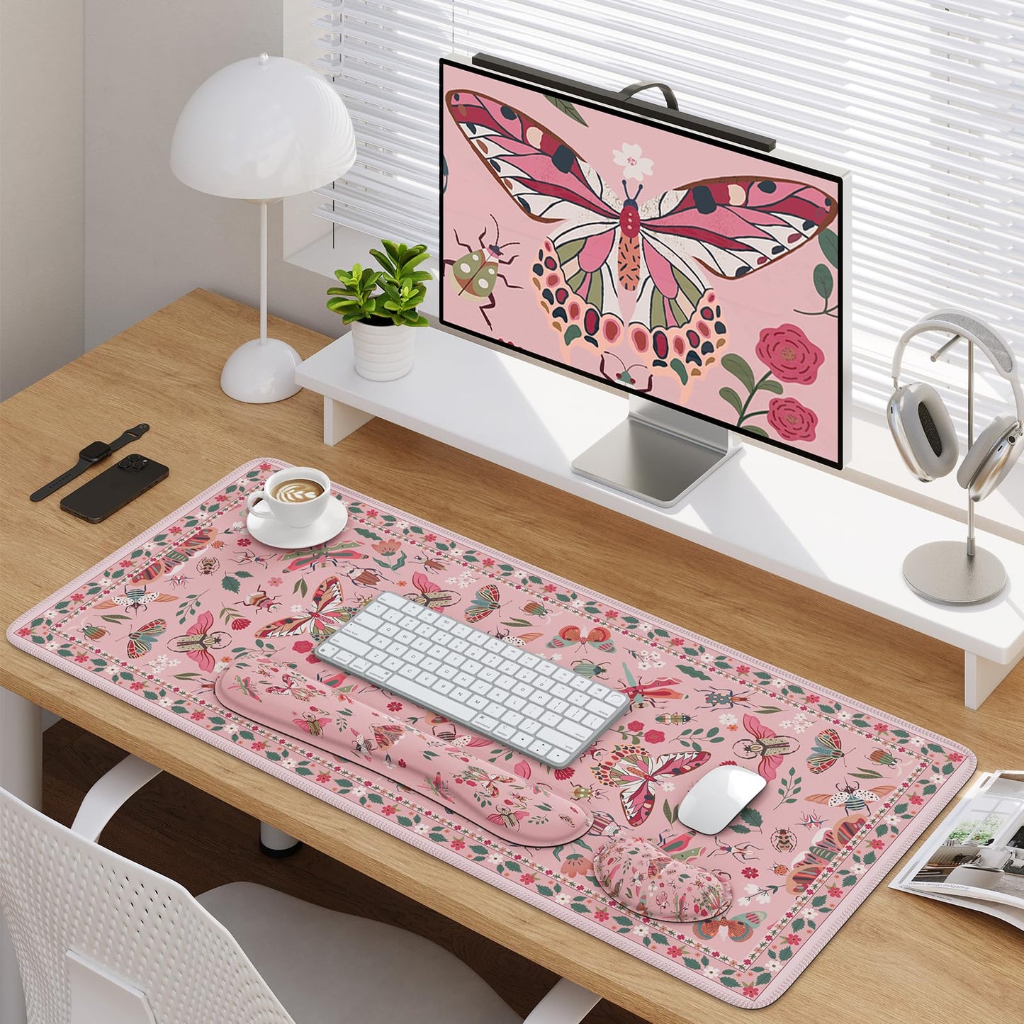 iCasso Large Mouse pad for Desk, Computer Desk Mat, 3Pcs XXL Keyboard and Mouse Pad + Keyboard Wrist Rest, Desk Matt for Desktop, Easy Typing Pain Relief Ultra Thick Mousepad Keyboard Mat(Pink)