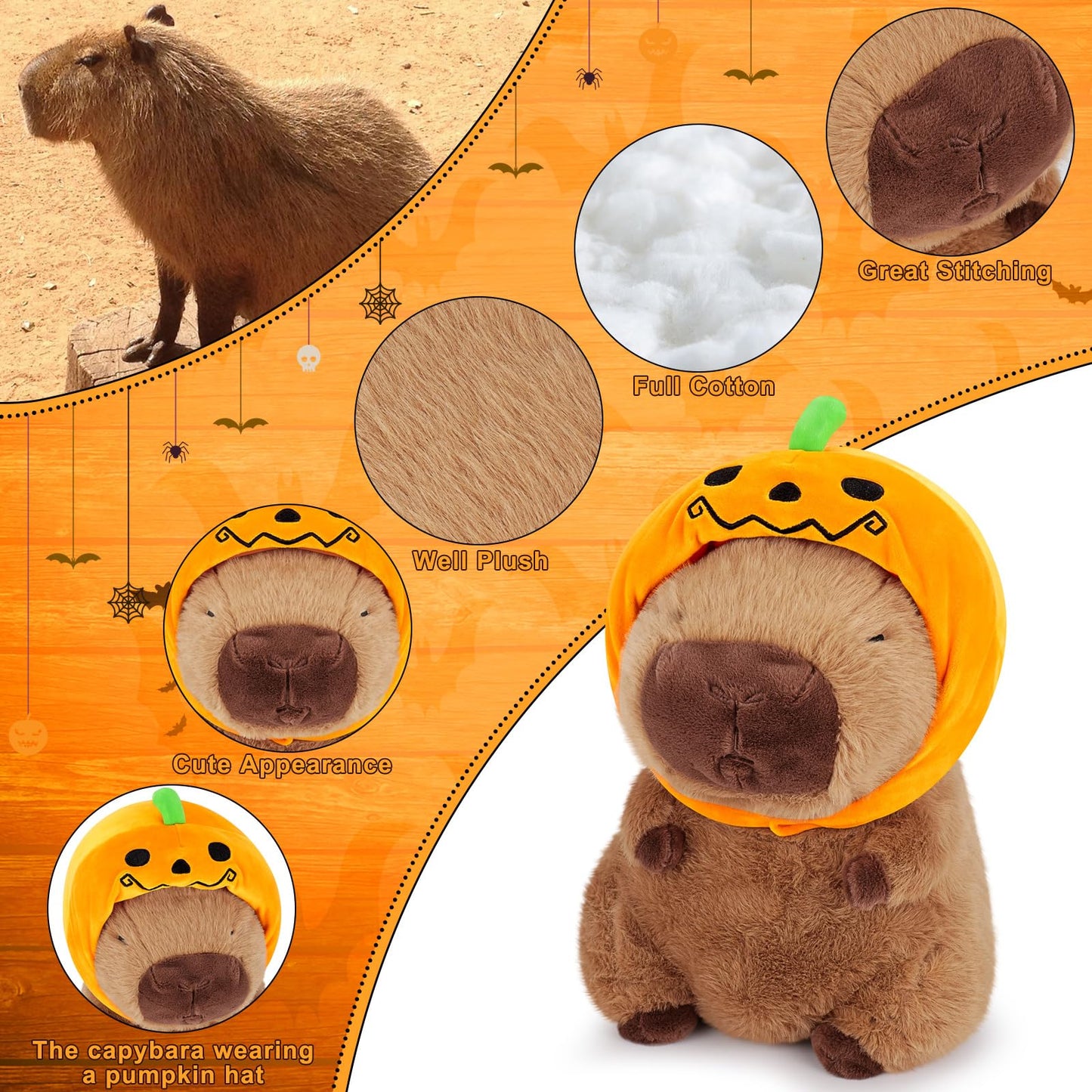Achwishap Capybara Plush,Cute Plushies Halloween Capybara Stuffed Animal,Capybara Plush Toys,Kawaii Plush Stuffed Toy Plushie Gift for Kids Adults Thanksgiving(Capybara with Pumpkin Hat,12”)