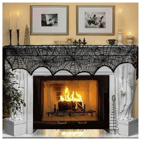 AerWo Halloween Decoration Black Lace Spiderweb Fireplace Mantle Scarf Cover Festive Party Supplies 45 X 243cm 18 x 96 inch