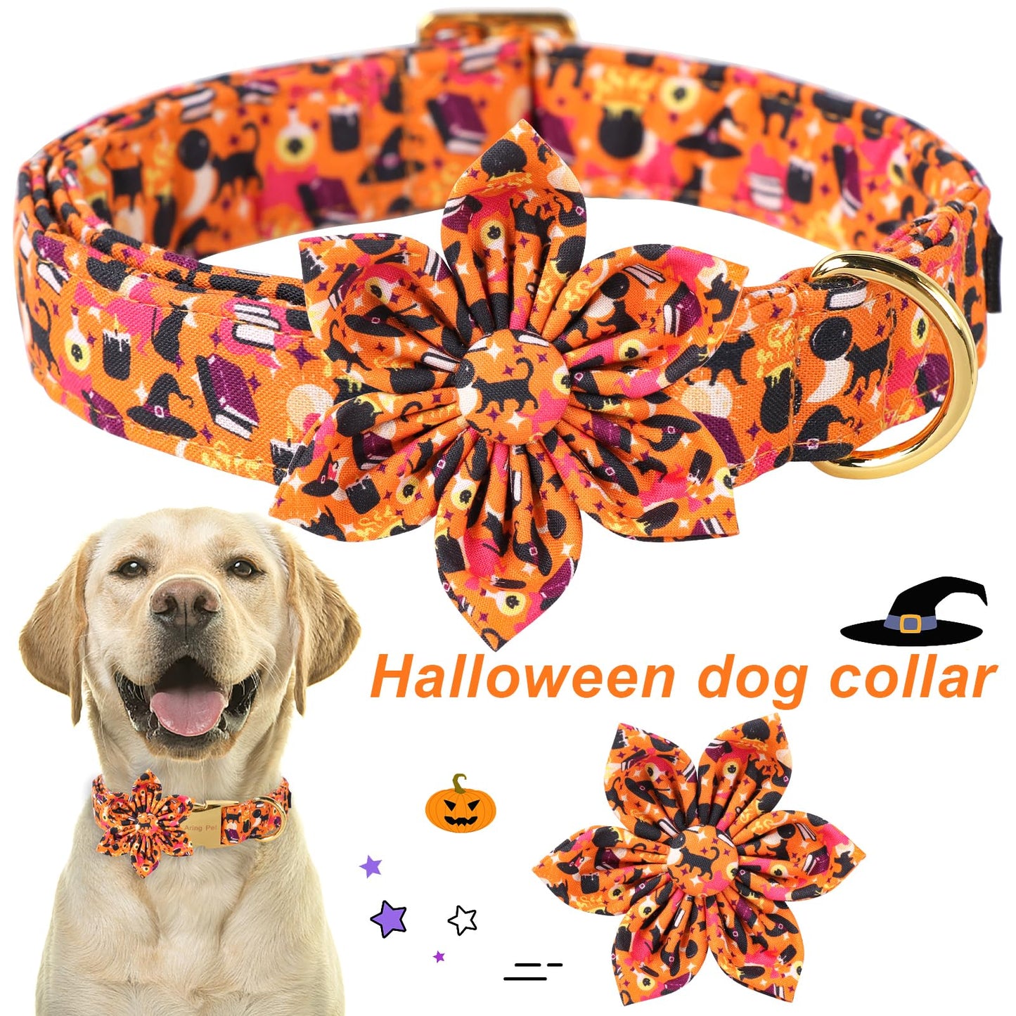 ARING PET Halloween Dog Collars with Detachable Flower, Cat Hat Pet Collar with Metal Buckle for Puppy Small Medium Large Boy Girl Dog-S