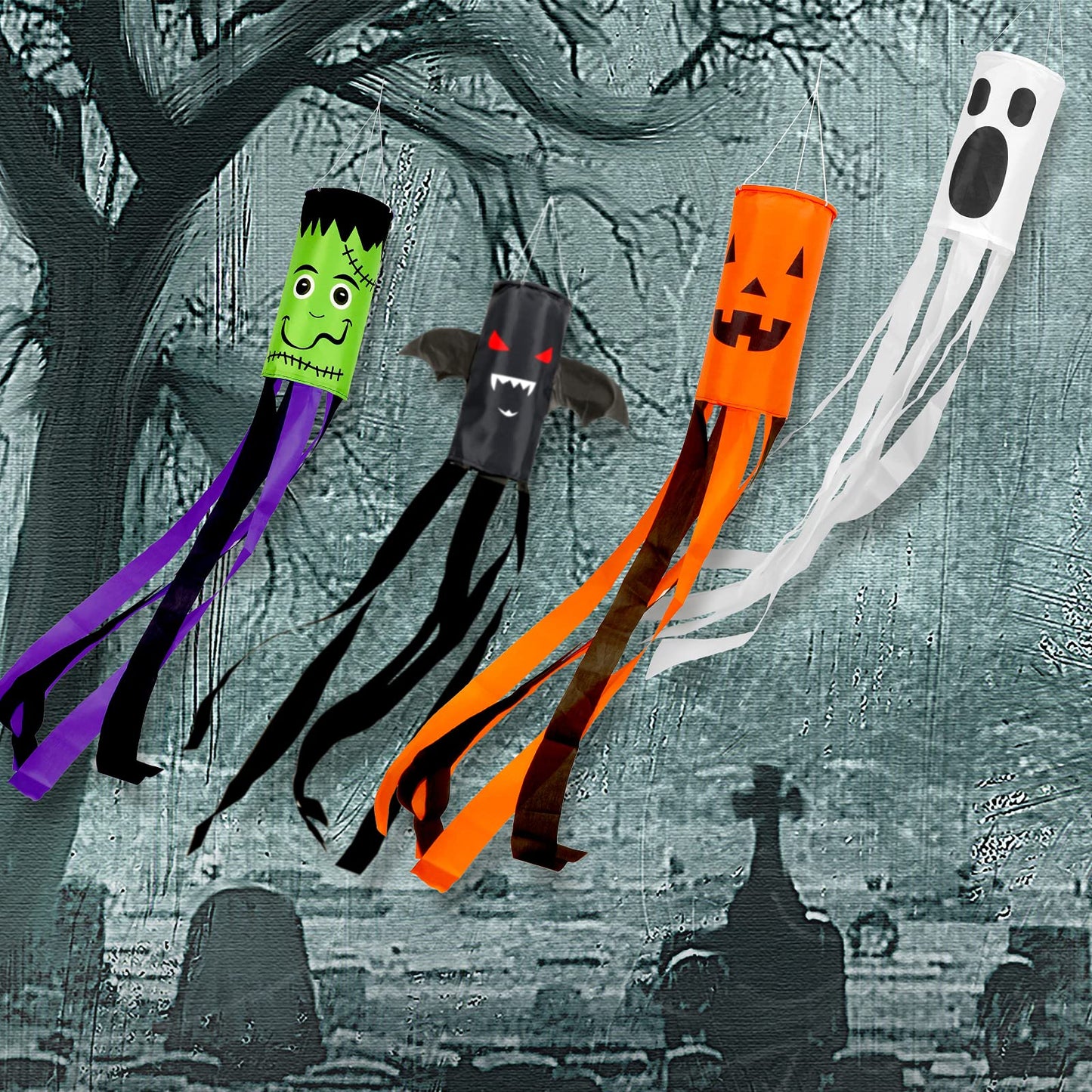 Whaline 4 Pieces Halloween Windsock Flag 39 in Spooky Cartoon Wind Socks Pumpkin Bat Ghost Monster Outdoor Hanging Decor Halloween Yard Signs for Home Patio Lawn Garden Tree Pathway Party Decoration