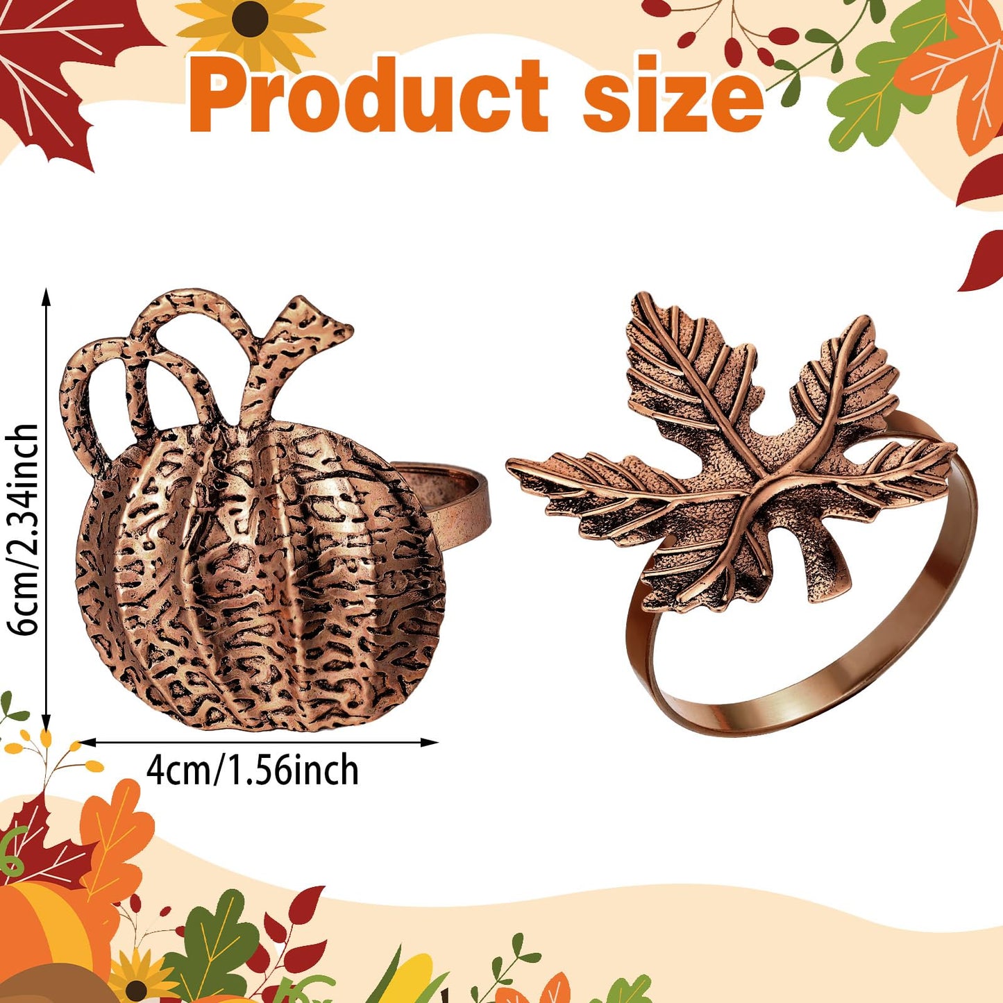WILLBOND 12 Pcs Thanksgiving Napkin Rings Set Thanksgiving Pumpkin Leaf Themed Holders Fall Napkin Rings Alloy Design Holder Buckle for Halloween Home Party Table Decor Wedding Supplies (Copper)
