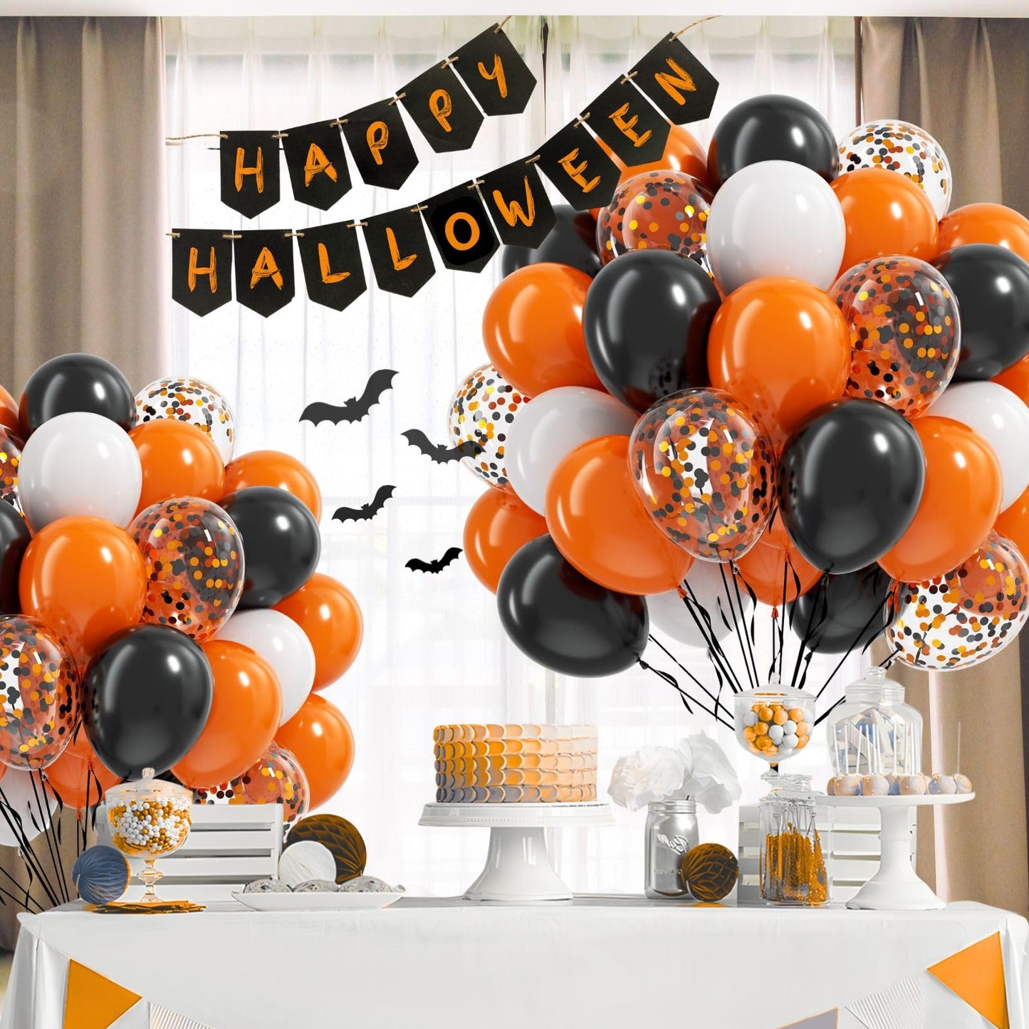 60pcs Orange and Black White Halloween Balloons, 12inch Black Orange White Latex Confetti Balloons for Ghost Halloween Birthday Party Decorations