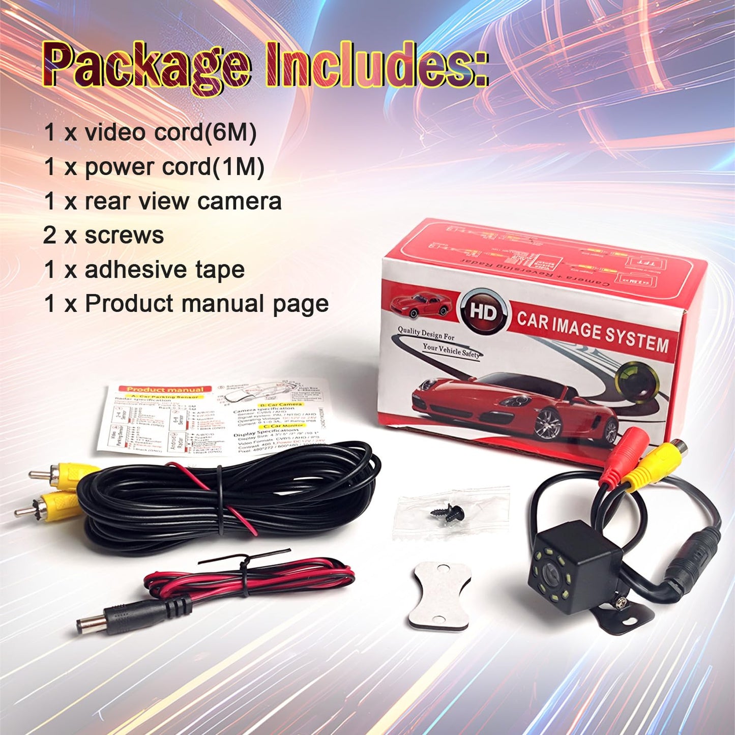 Back Up Camera for Cars, Waterproof 170° View Angle Long License Plate Frame Camera, 8 LEDs Night Vision, Universal Rear View Video for Trucks, Pickup, Vans, SUV, RV