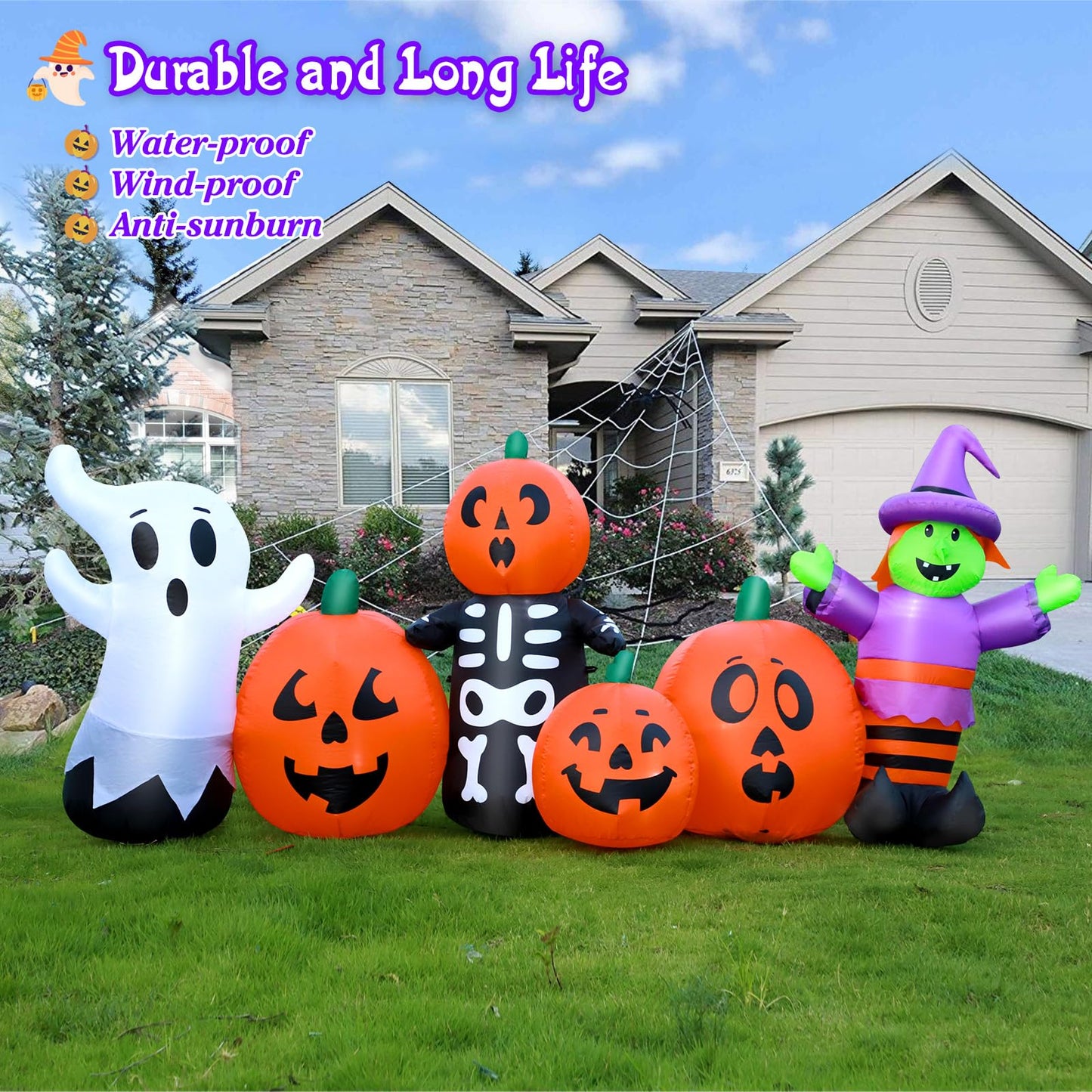 8FT Length Halloween Inflatables Pumpkin Outdoor Decoration, Witch, Ghost, with Blow Up Pumpkin Inflatables Decorations Built-in LED Lights & Powerful Air Blower for Party Garden Halloween Decor