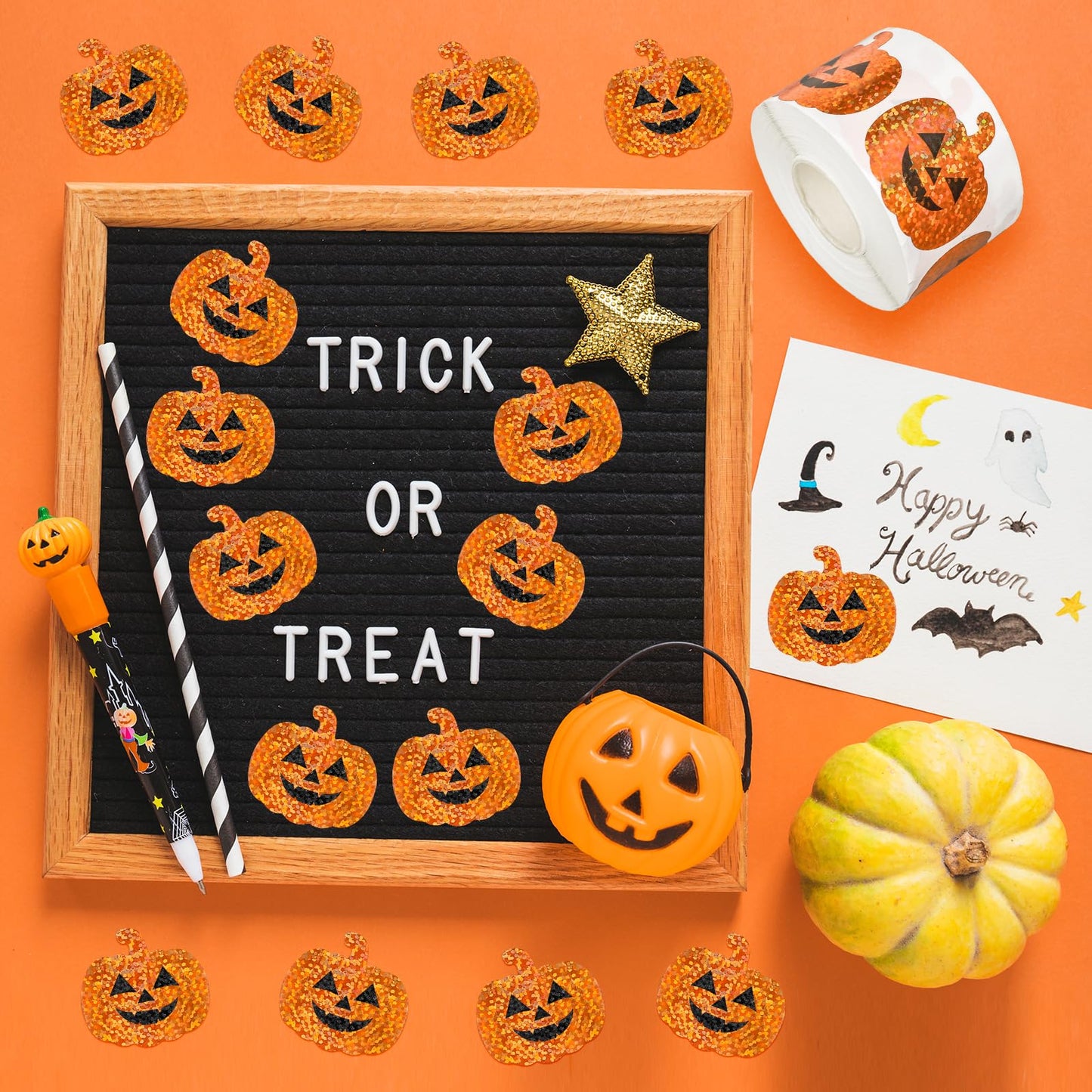 Whaline Halloween Pumpkin Stickers Roll Laser Pumpkin Shape Waterproof Decals Orange Sparkly Self-Adhesive Stickers for Halloween Trick or Treat Party Envelope Scrapbook Decor, 500Pcs
