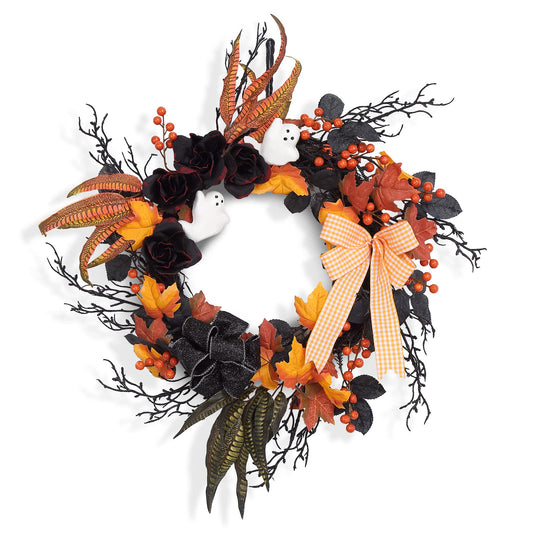 Adeeing 26 Inch Halloween Wreaths for Front Door, Halloween Decorations Ghost Wreath with Feathers Artificial Black Rose and Ribbon for Indoor Outdoor Home Party Decor