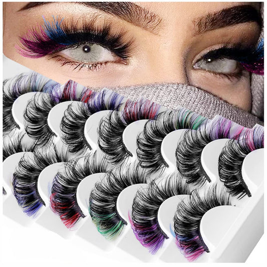 7 Pairs Colored False Eyelashes, 3D Mink Faux Lashes with Color Tips, Dramatic Fluffy Volume Strip Lashes for Cat Eye Look, Colorful Lash Extensions for Makeup Artists, Cosplay, Parties