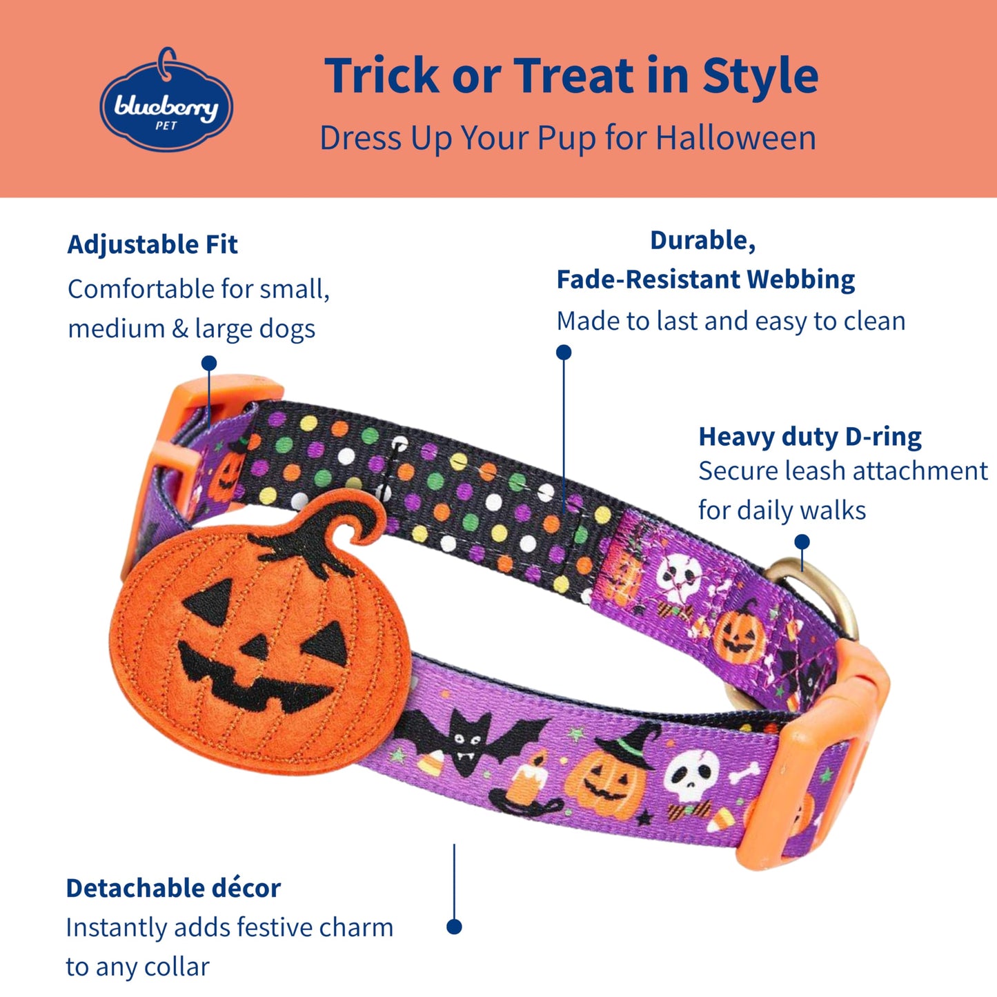 Blueberry Pet Halloween Pumpkin Party Designer Adjustable Dog Collar with Detachable Decoration, Medium, Neck 14.5"-20"