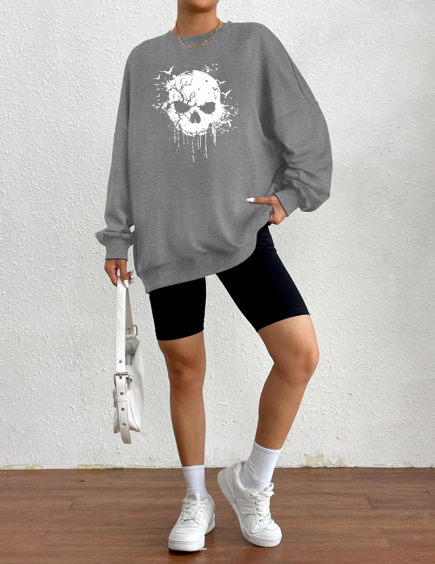 Zeagoo Women's Halloween Pumpkin Face Long Sleeve Sweatshirts Lightweight Casual Pullover Tops Grey Skull XL
