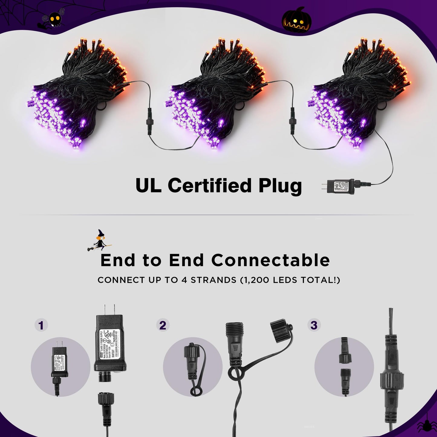 BlcTec Halloween Lights 300 LED 108FT Halloween String Lights with 8 Modes, UL Certified, Connectable, Waterproof, Timer for Outdoor Indoor Yard, Porch, Trees, Haunted House Decorations, Orange Purple