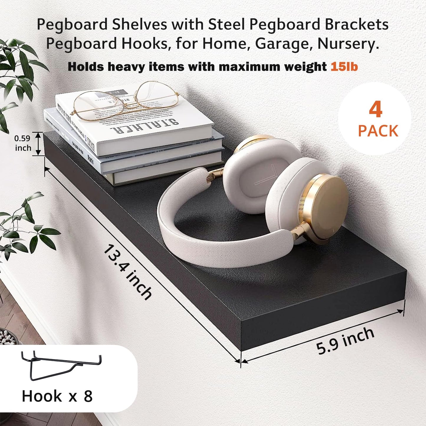 Black Pegboard Shelf, 4 Pack Wooden Pegboard Shelves with Metal Brackets Hooks, Heavy Duty Peg Board Organizer Shelves, Pegboard Accessories Organizer for Crafts Room, Garage, Workbench, Office