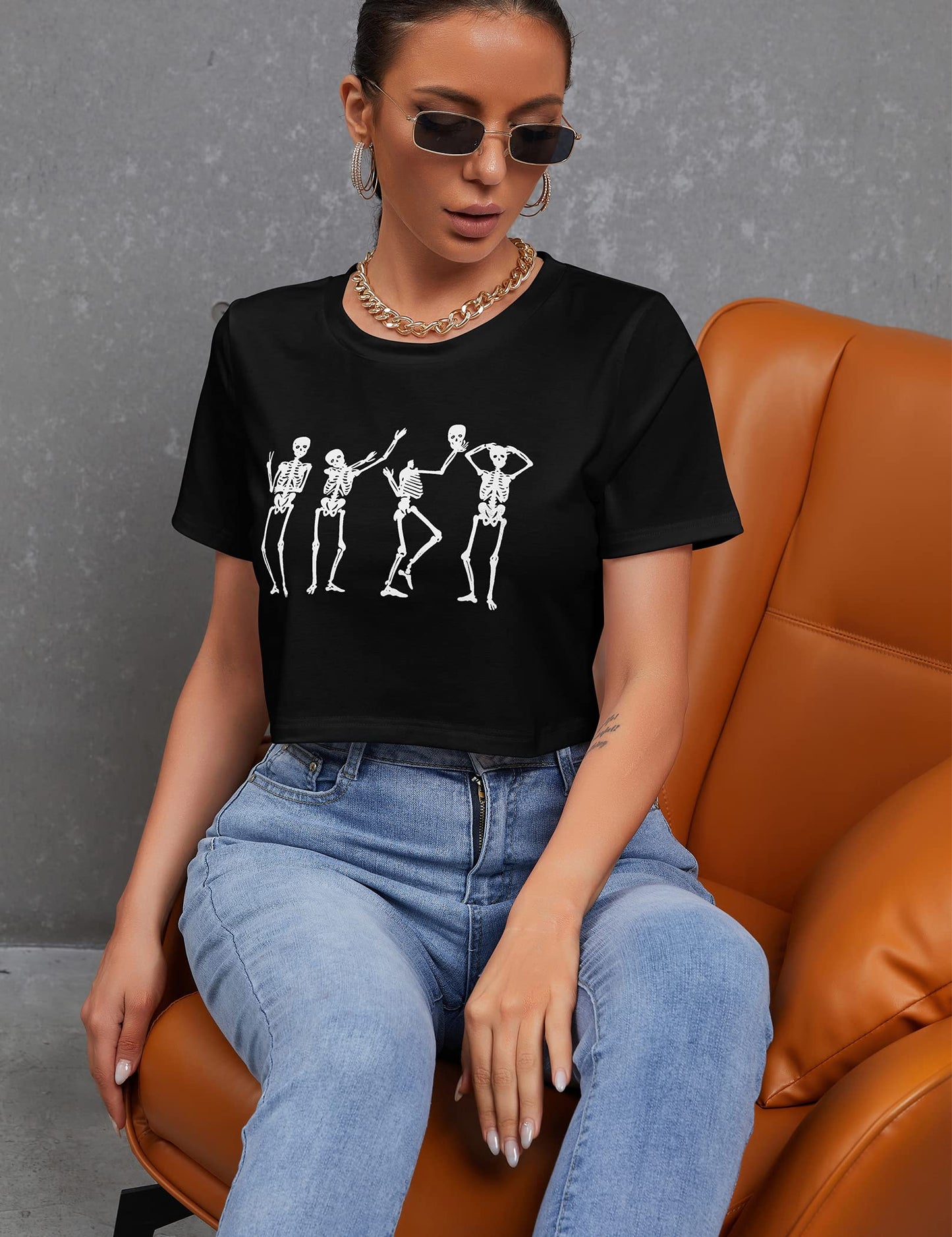 Women's Halloween Funny Skeleton Skull Hand Print Crop Top Tee Short Sleeve Casual T-Shirt, Small,Black Dance