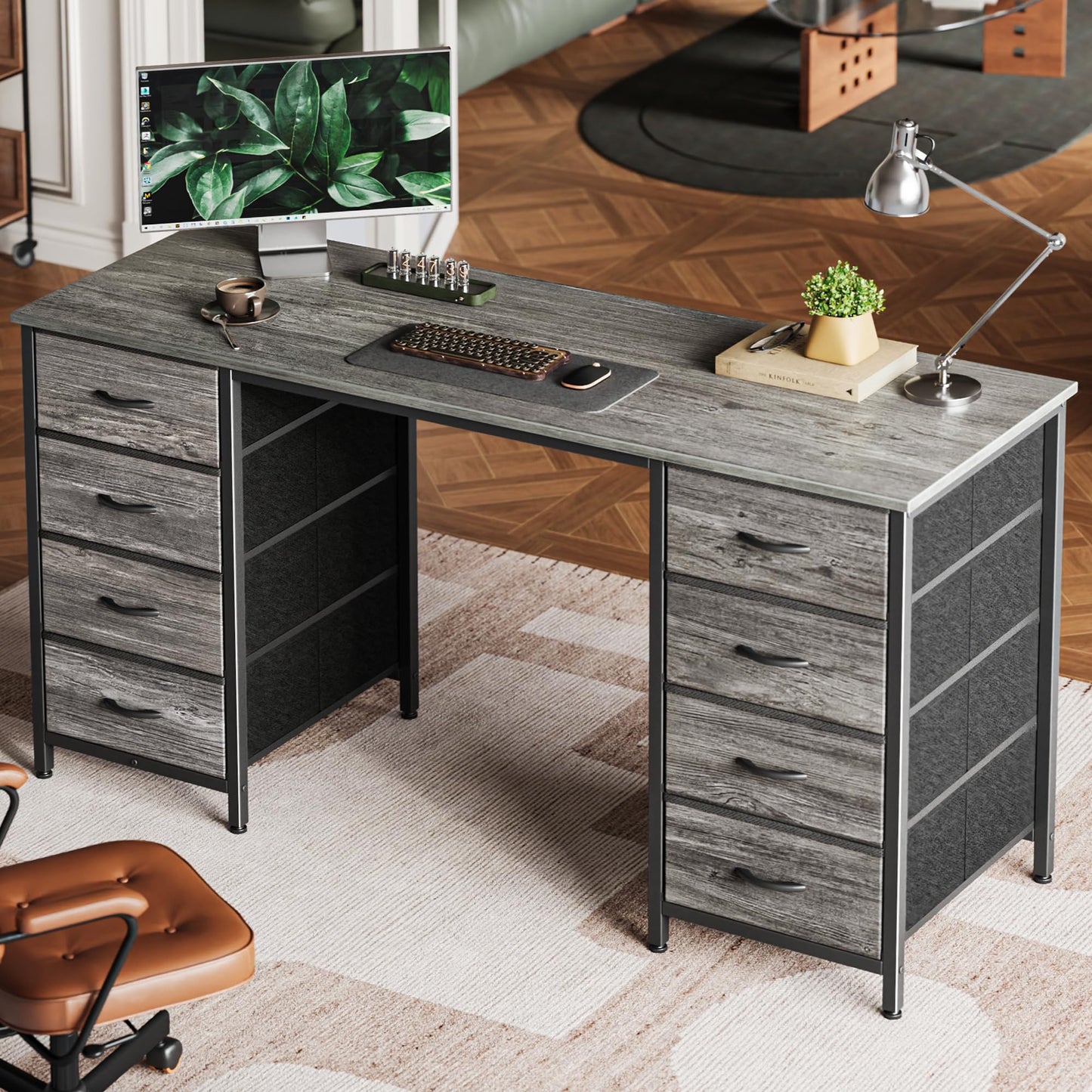 Huuger 54 Inch Computer Desk with 8 Fabric Drawers, Office Desk for Home Office, Study, Gaming Desk with Drawers, Large Storage, Grey