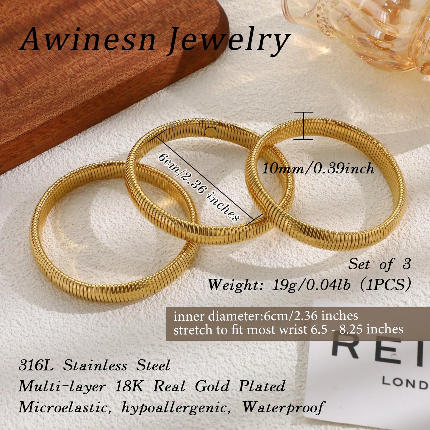 Awinesn Gold Bangles for Women, Gold Bracelets for Women Chunky Bangle Bracelets for Womens Bracelets Stack Tarnish Free Gold Jewelry Set of 3 for Womens Fashion Accessories Gifts for Mom