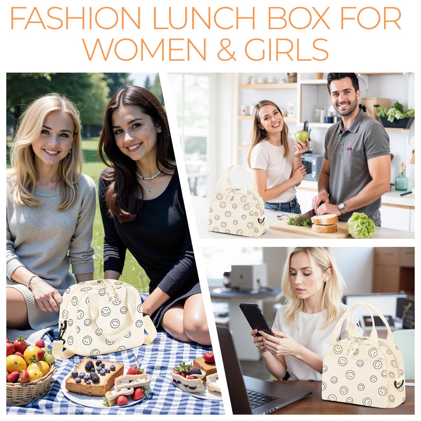 WOBAGMEN Lunch Box for Women,Smiley Lunch Bag Cute Corduroy Insulated Lunch Box With Shoulder Strap for Adult Womens for Work Picnic(smiley)