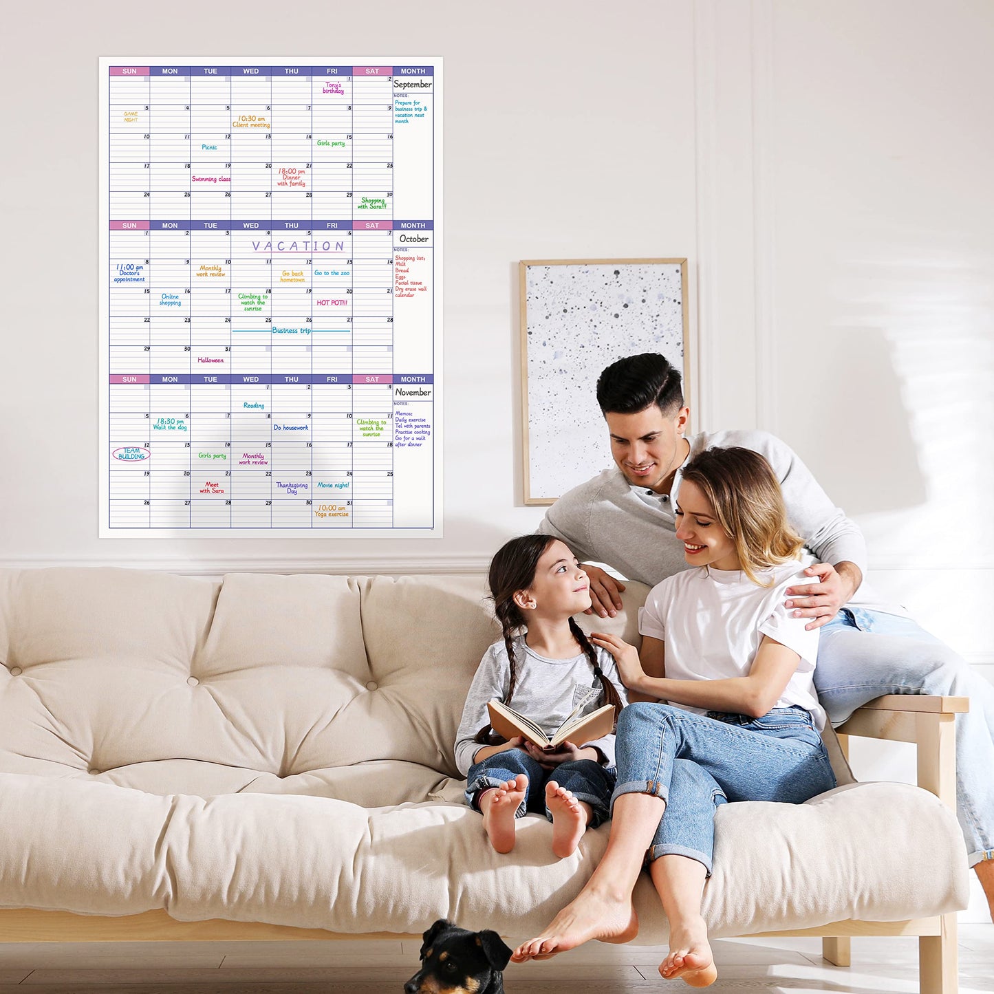 BooQool Large Dry Erase Calendar for Wall - Undated 3 Month Calendar, 27.7'' x 40'', Erasable & Reusable Laminated White Board with 8 Round Stickers, Vertical Layout Home, Office and School