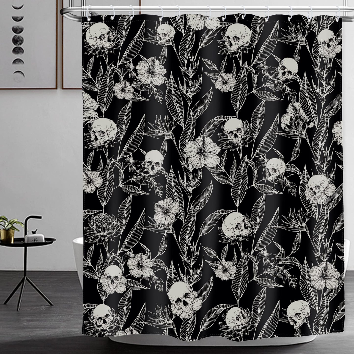 AMBZEK Black Skull Floral Shower Curtain 72Wx72L Inch Men Gothic Spooky Skeleton Goth Flower Leaves Halloween Cool Artwork Cloth Fabric Waterproof Polyester Bathroom Decor Set with 12 Pack Hooks