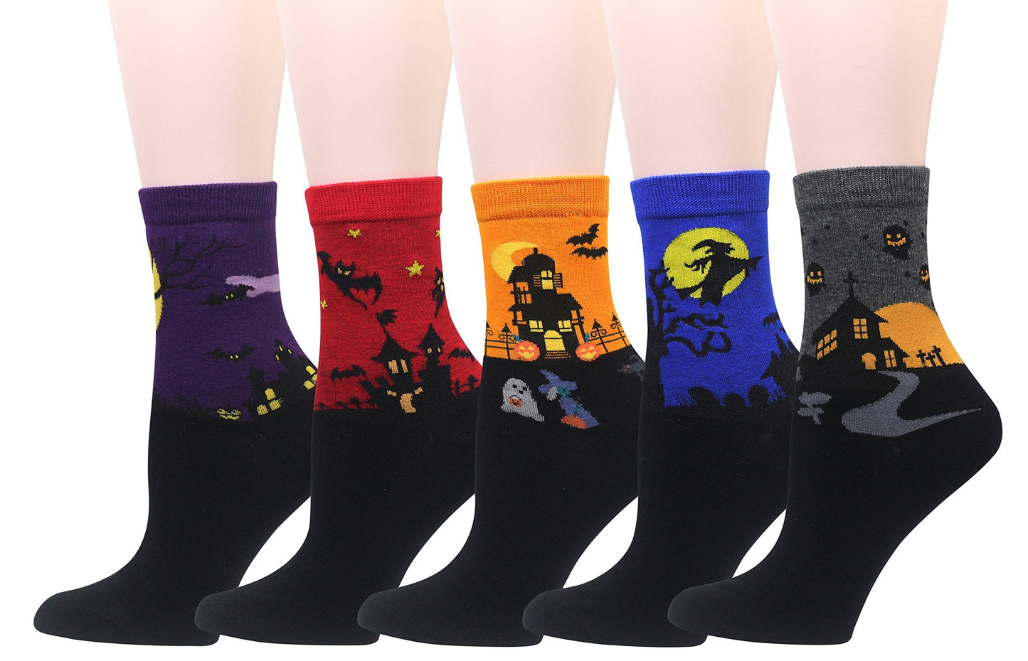 Wish Island Women's Halloween Gifts Pumpkin Bat Castle Socks Crew Casual Novelty Socks (Halloween - 5 pairs)