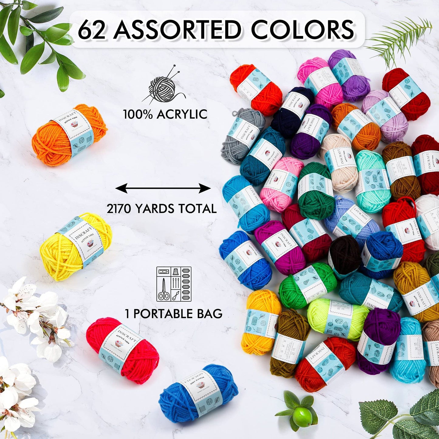 INSCRAFT 62 Acrylic Yarn Skeins, 2170 Yards Yarn for Knitting and Crochet, Includes 2 Crochet Hooks,2 Weaving Needles,10 Stitch Markers, Perfect Beginner Kit for for Adults Kids