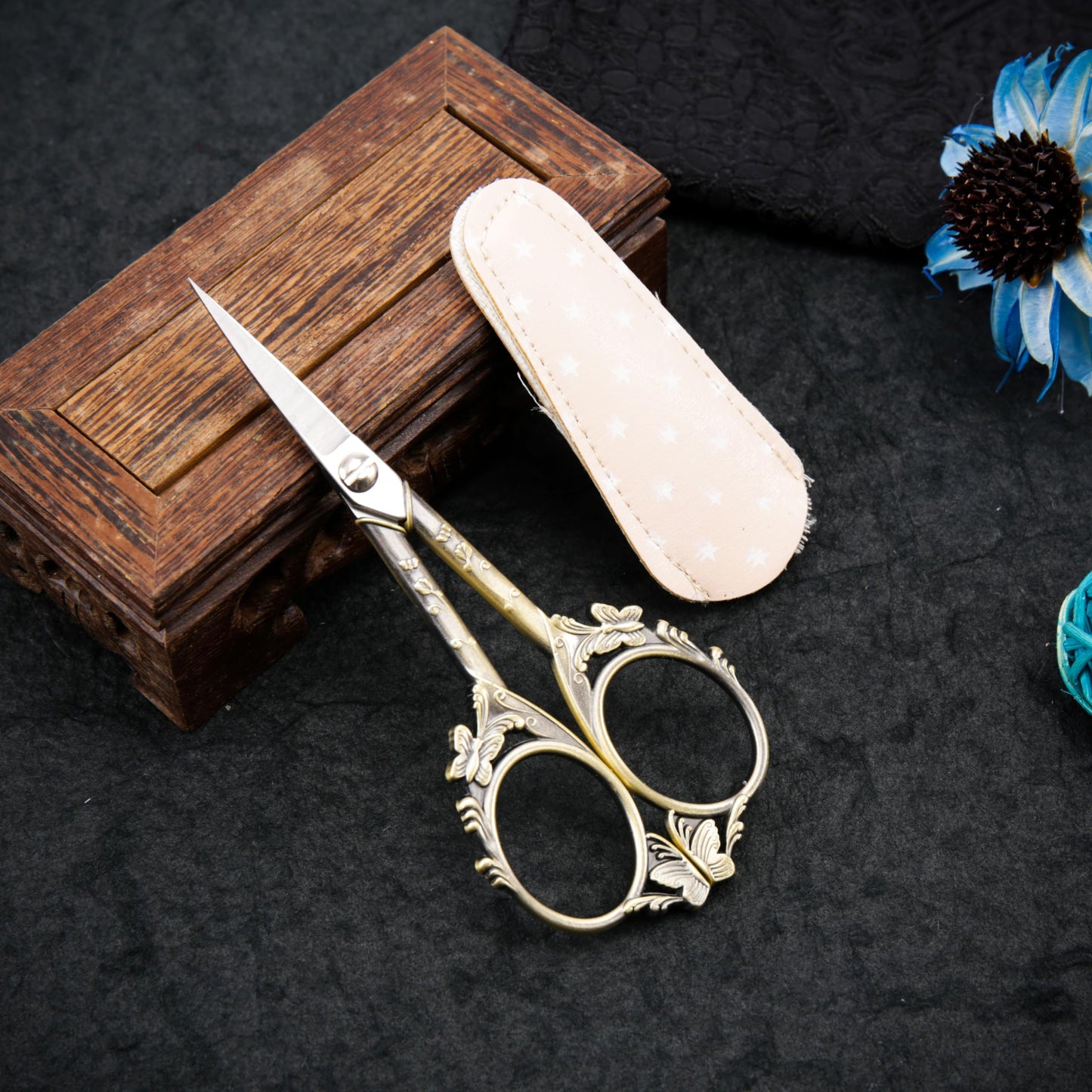 Artistic Vintage Craft Scissors Small 4.6 Inch Sharp Sewing & Embroidery Tool - Engraved Bronze Butterfly Handle, Silver Blade, Pink Polka Dot Case for Crochet, Fabric, Paper, DIY Crafts