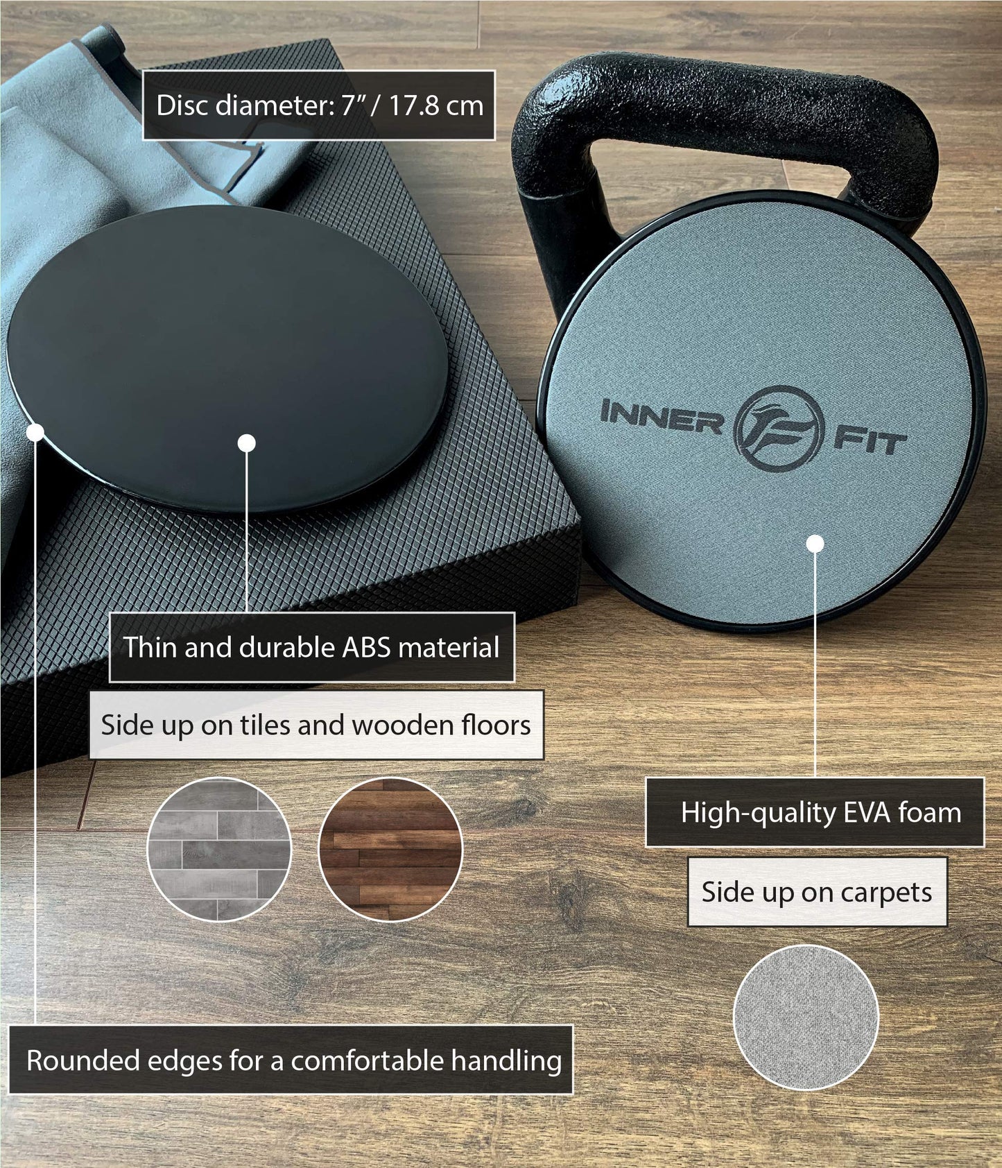 InnerFit Core Sliders for Working Out - Set of 2 Dual Sided Exercise Sliders Fitness Discs - Durable Strength Slides suitable for carpets and hardwood floors (Black & Grey)