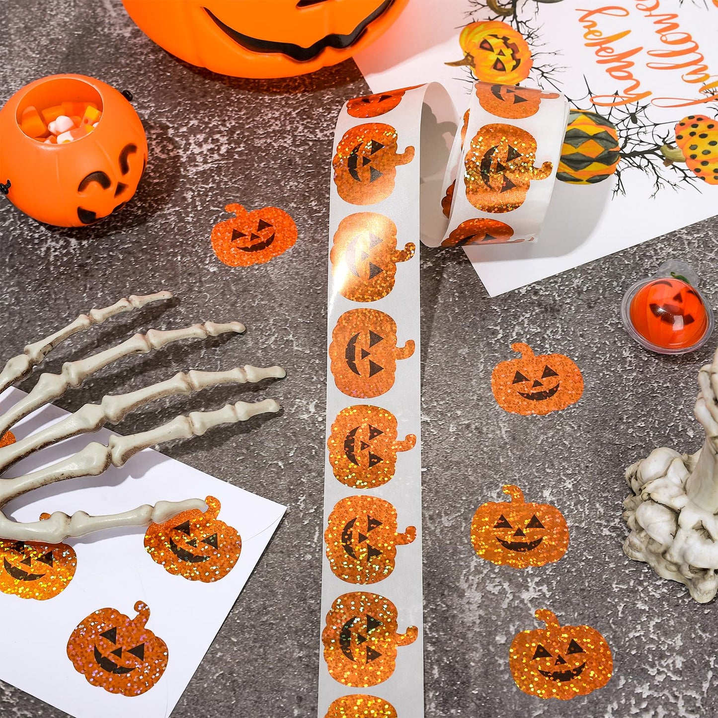 Whaline Halloween Pumpkin Stickers Roll Laser Pumpkin Shape Waterproof Decals Orange Sparkly Self-Adhesive Stickers for Halloween Trick or Treat Party Envelope Scrapbook Decor, 500Pcs