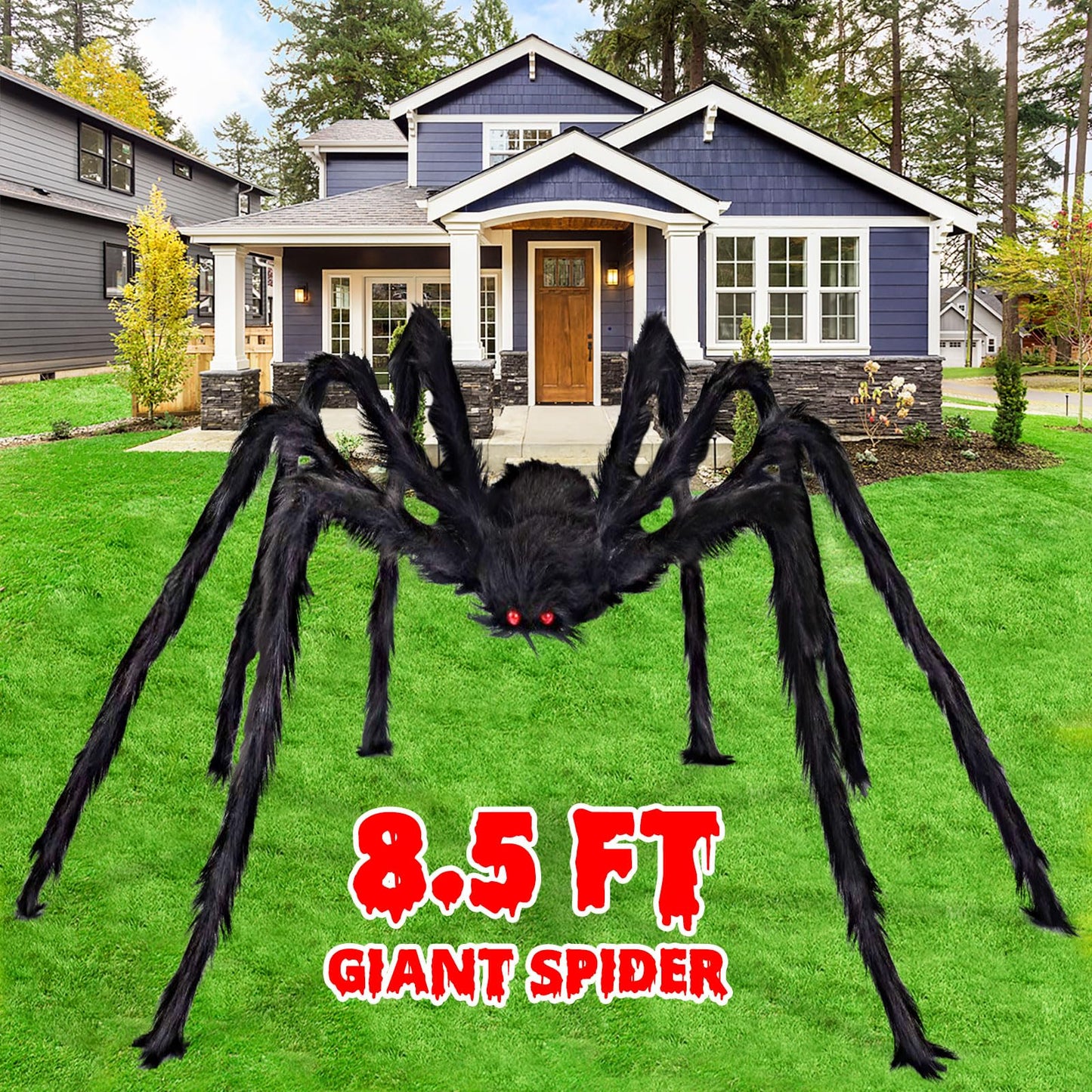Aiduy Giant Halloween Spider 8.5 Ft - Outdoor Decorations Scary Fake Hairy Props for Yard Creepy Party Decor, Black