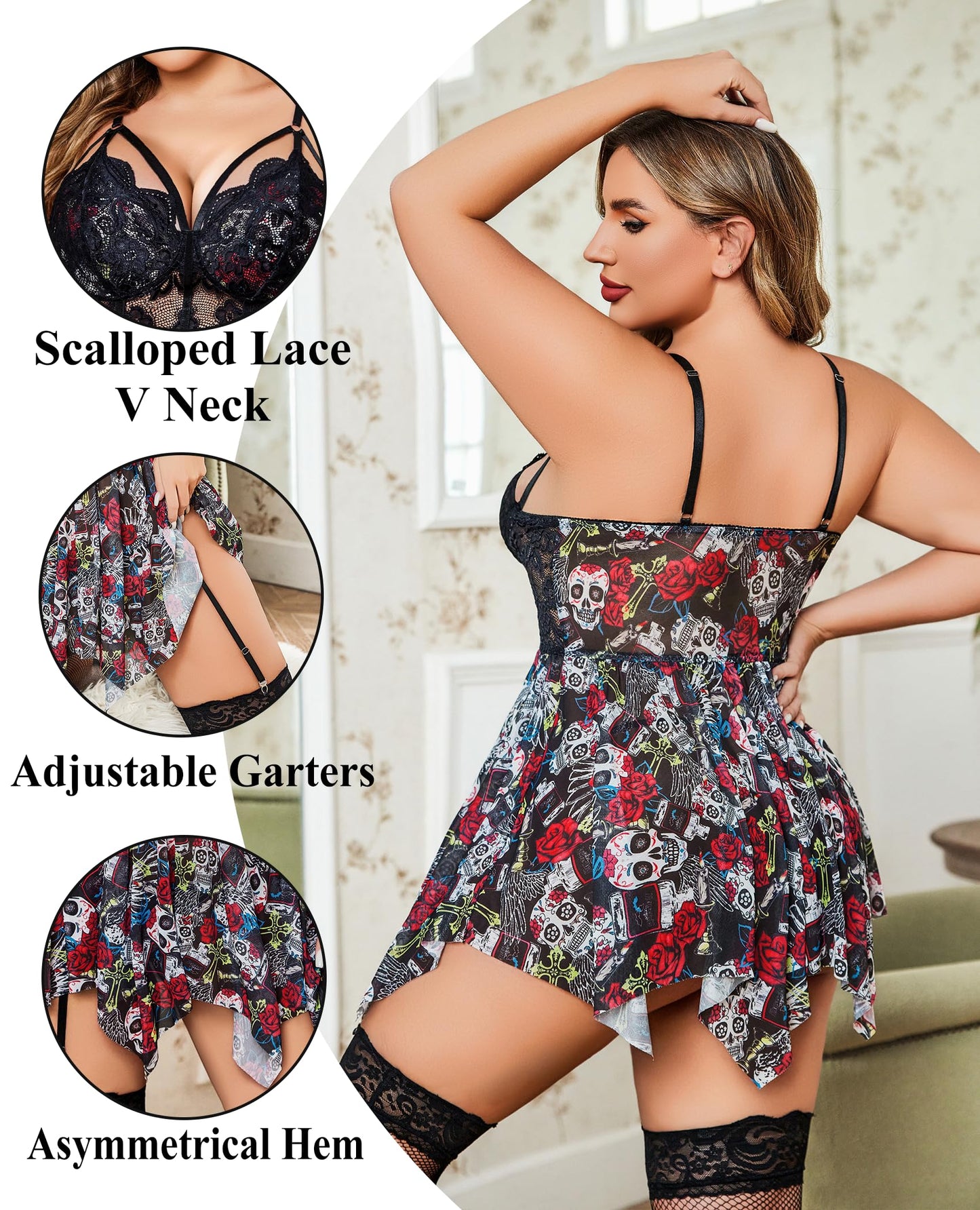 Avidlove Lingerie for Women Halloween Outfits Plus Size Babydoll Lace Nightwear Mesh Sleepwear Ghost Face Print Large