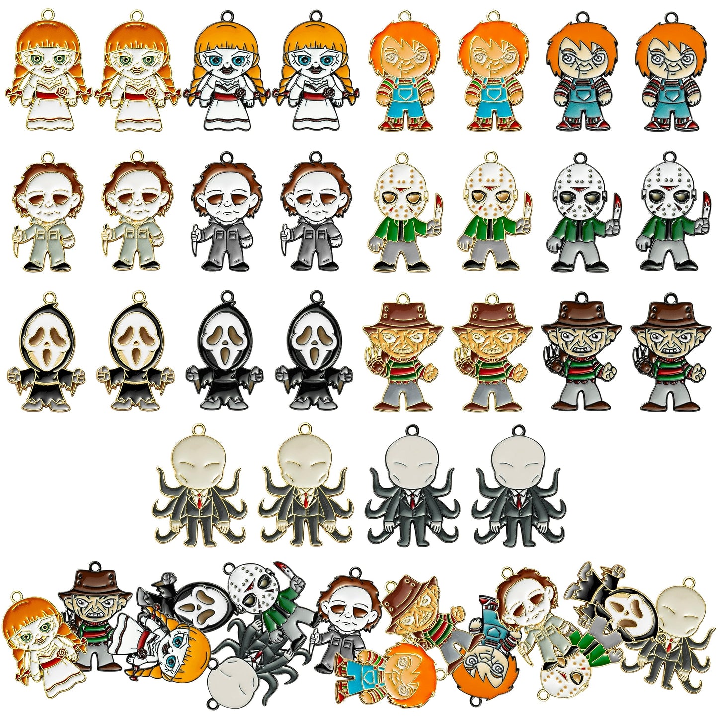 7ilaewen 28Pcs Horror Classic Movie Character Charms Halloween Enamel Pendants, Horror Ghost Dangle Halloween Scary Earring Necklace Bracelet Charms for Jewelry Making DIY Crafts Gifts