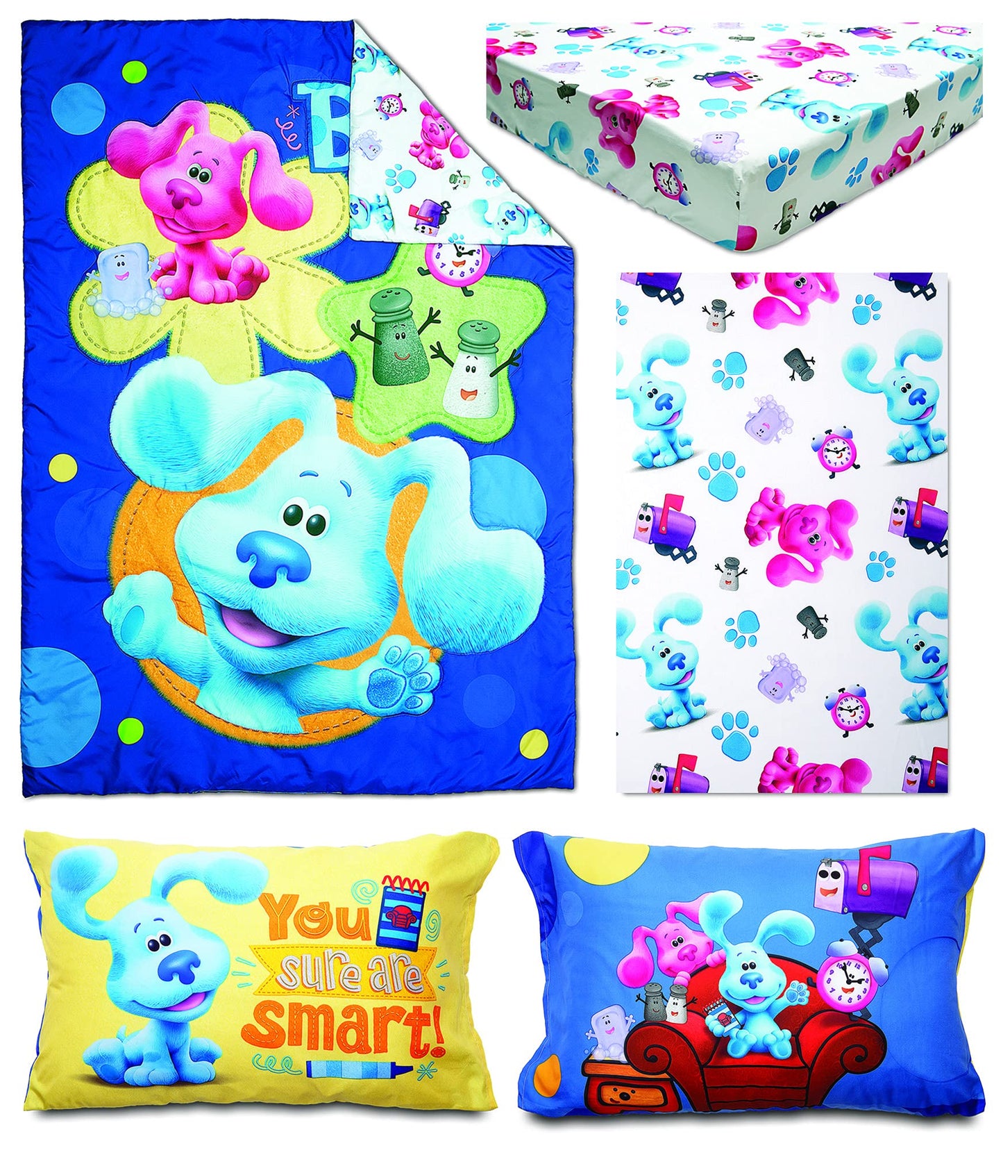 Blues Clues You Are Smart 4 Piece Toddler Bedding Set – Includes Comforter, Sheet Set – Fitted + Top Sheet + Reversible Pillowcase for Boys And Girls Beds, Blue