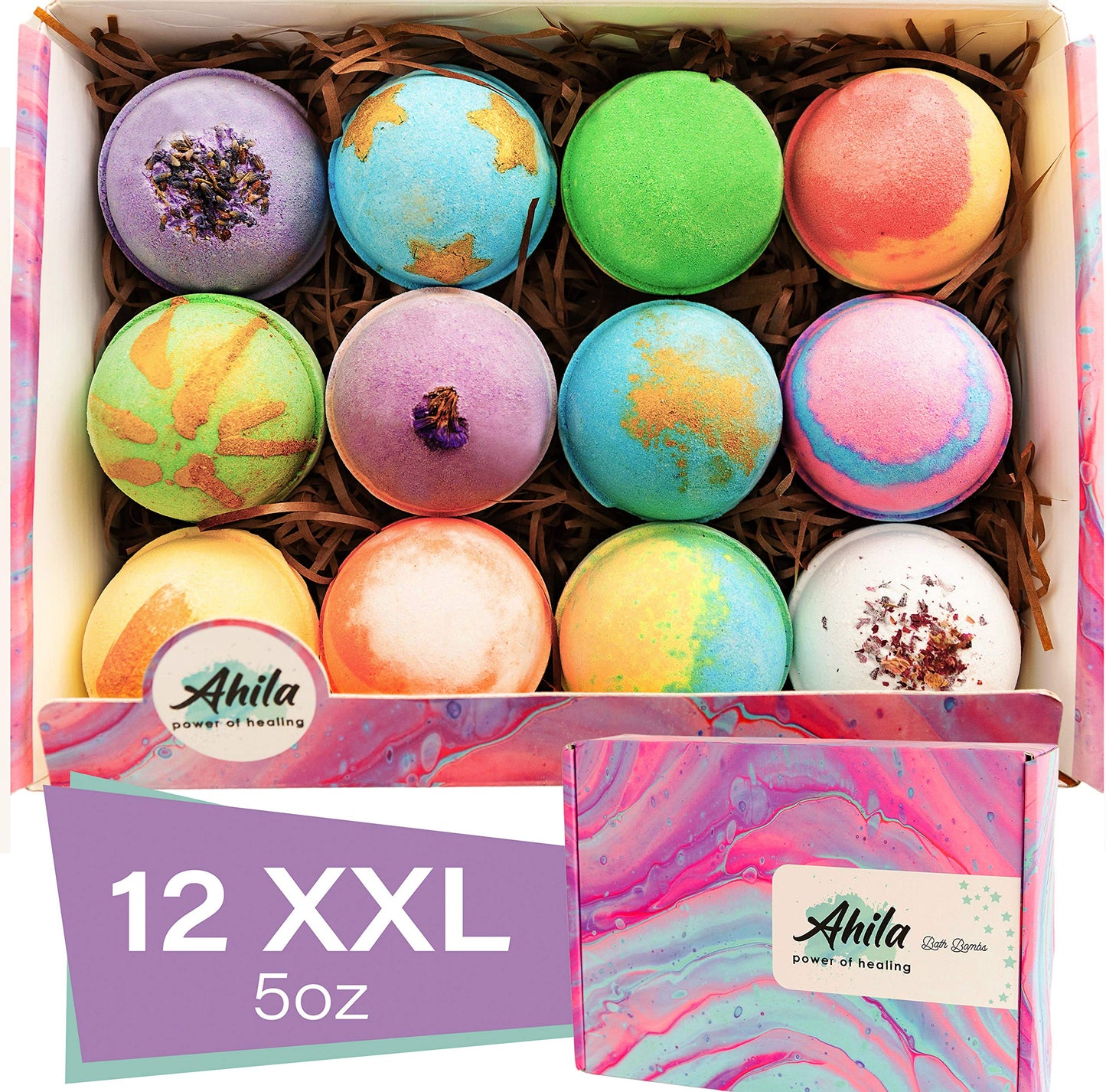 Ahila power of healing 12 XXL Bubbly Organic Bath Bombs Gift Set for Women Men and Kids Designed in Canada Long Lasting Floaters Relaxing Aromatherapy Rich in Pure Essential Oils Healing Properties