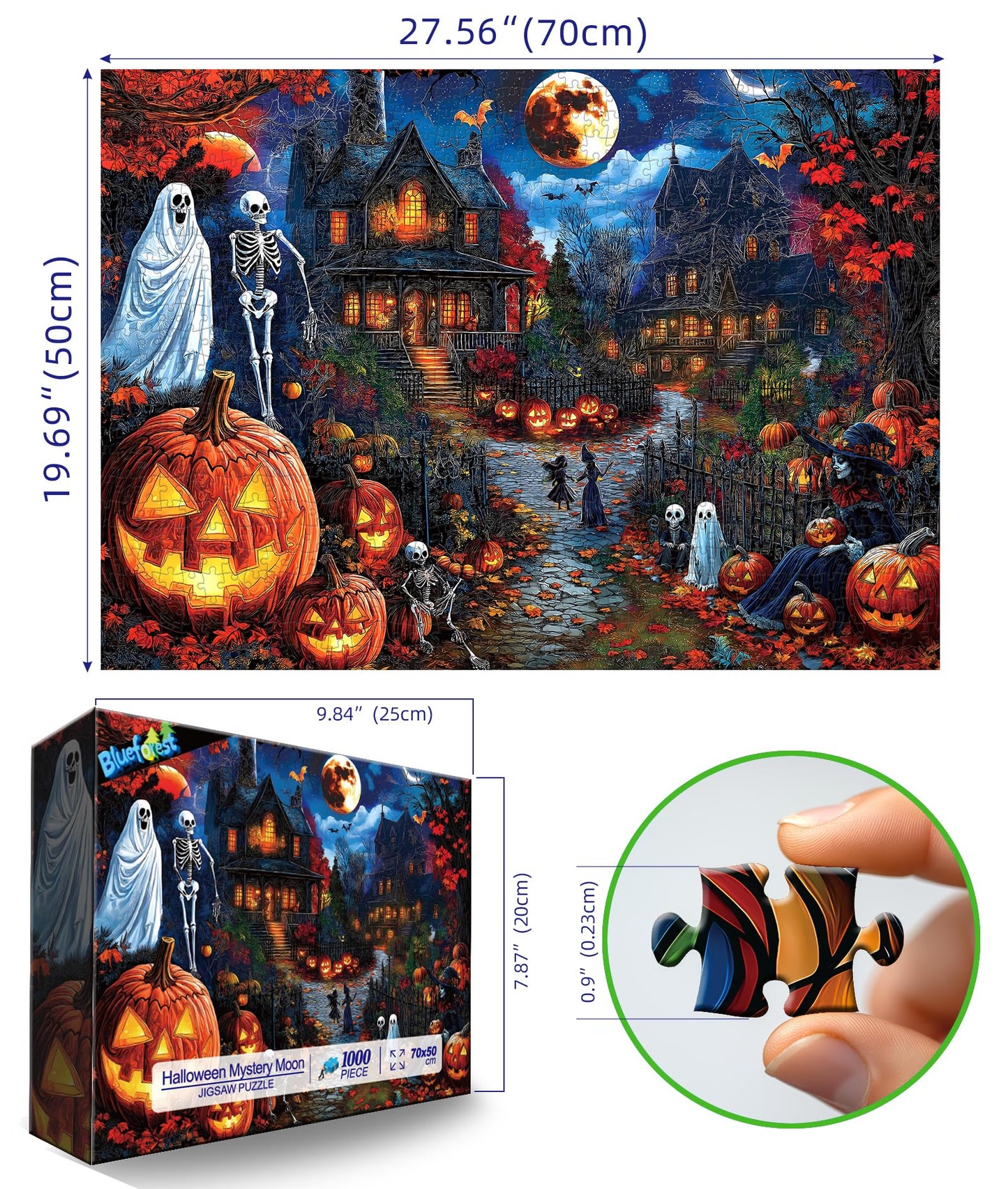 Blueforest Halloween 1000 Piece Jigsaw Puzzle for Adults - Spooky Ghosts, Skeletons, Pumpkins, Witch & Haunted House Puzzle, Challenging Fun Adult Puzzles for Relaxation, Decor & Gifts
