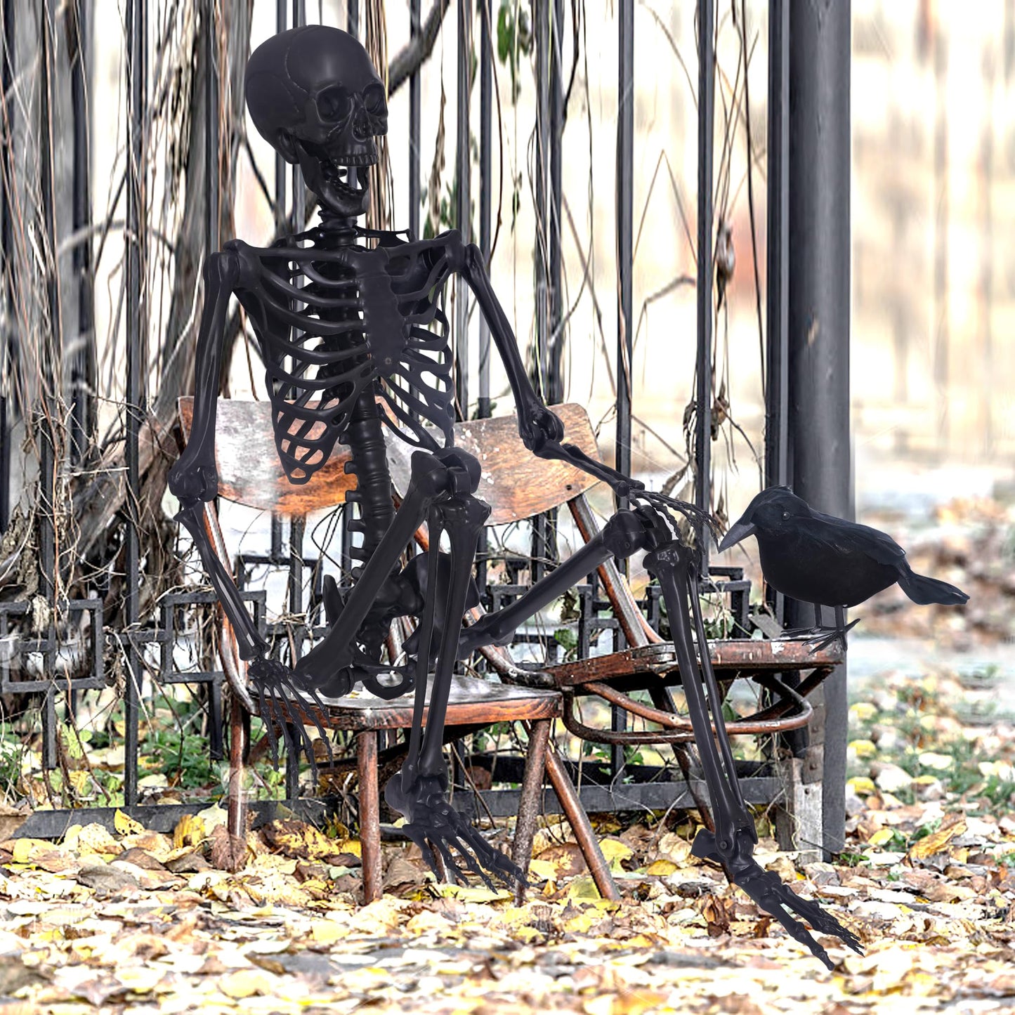 5.4Ft Halloween Skeleton,Posable Skeleton Full Size Skeleton with Movable Joints and 2PC Black Feathered Crows for Halloween Decorations Outside and Inside