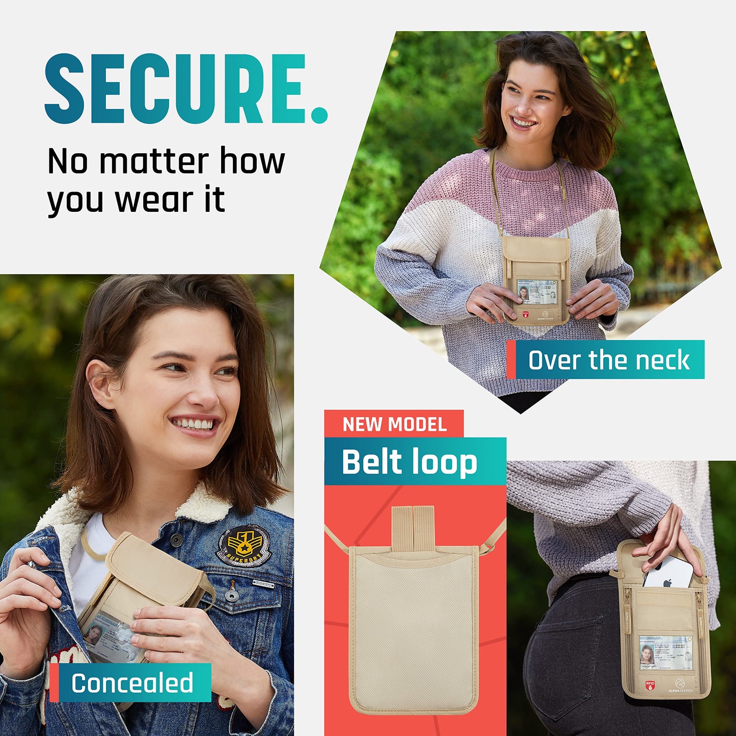 Alpha Keeper Neck Wallet, Travel Pouch For Passport Holder And Documents, RFID Blocking, Beige, Unisex Adult, Travelers, Adults