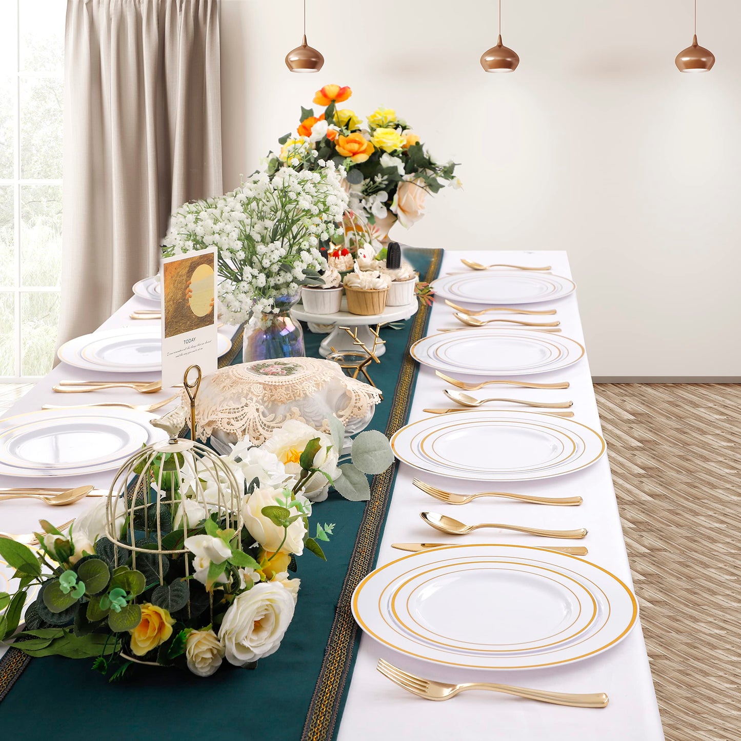 I00000 102 Pieces Gold Plastic Plates, Disposable Party Plates White Gold Rim, 51 Disposable Gold Dinner Plates 10.25 Inch and 51 Disposable Dessert Appetizer Elegant Fancy Wedding Plates 7.5 Inch