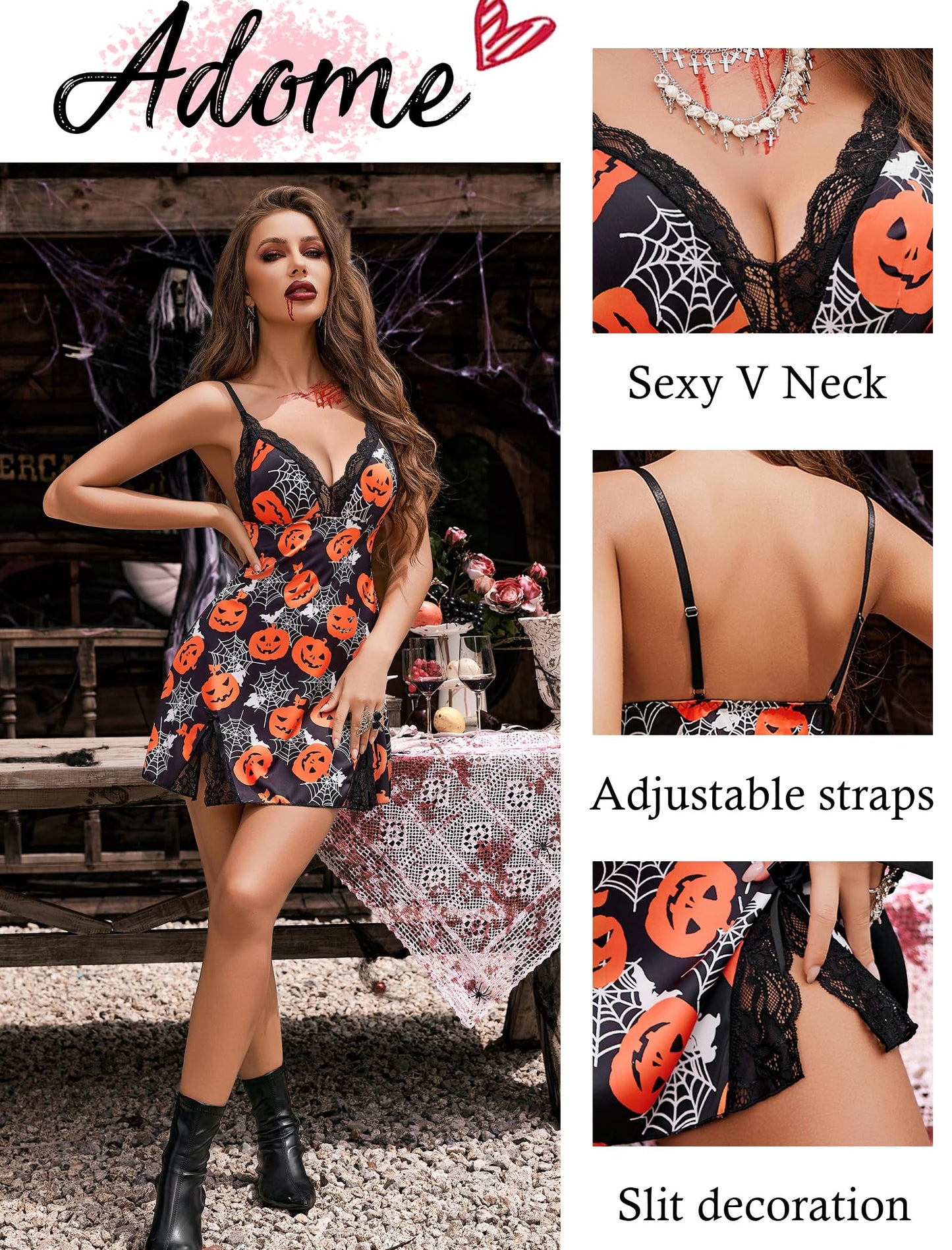 ADOME Sexy Lingerie for Women Satin Nightgown Lace Halloween Costumes (Medium, Floral Pumpkin)